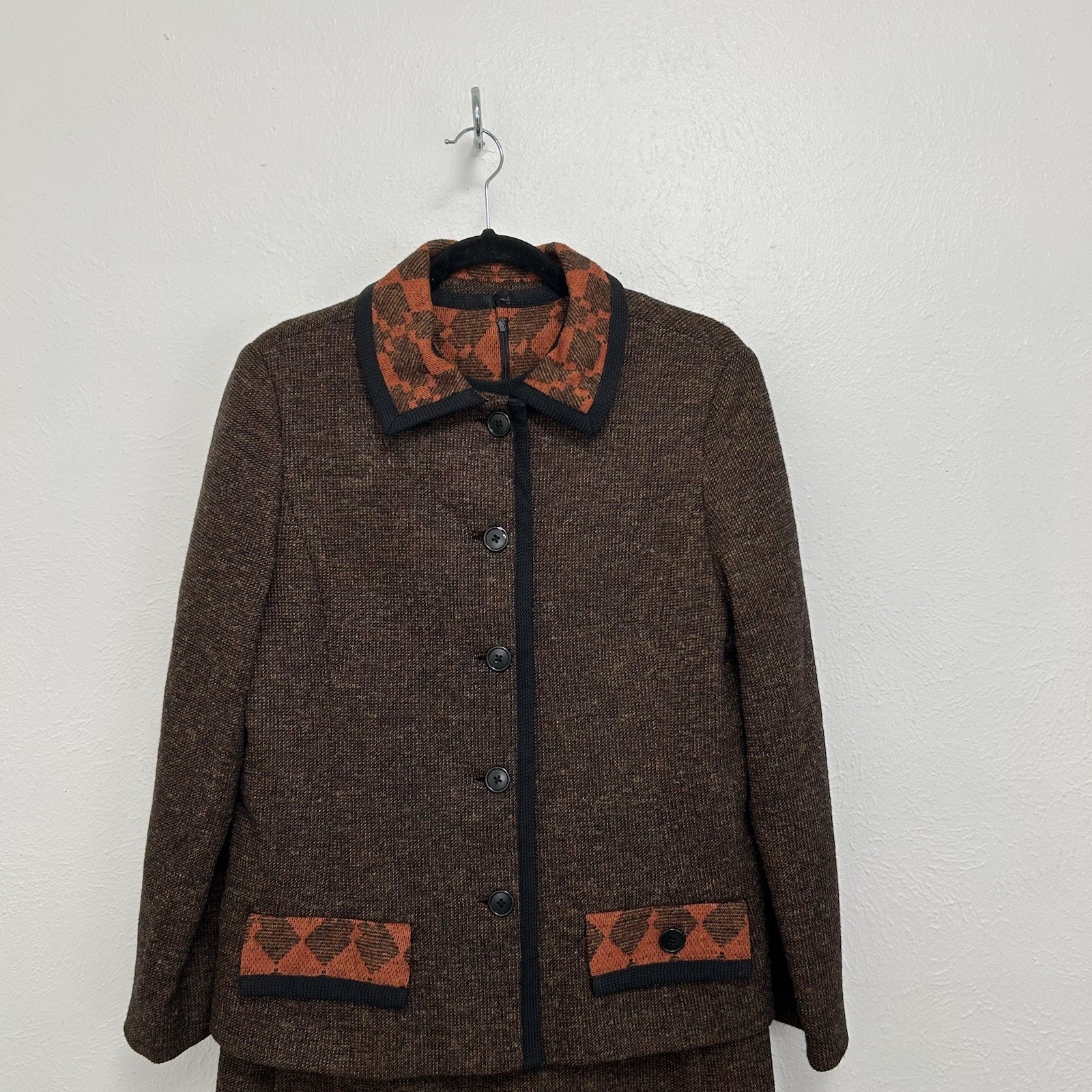 VTG Alper Schwartz M/L Brown Orange Wool Tweed Suit Dress Jacket 2-Pc 1960s/70s