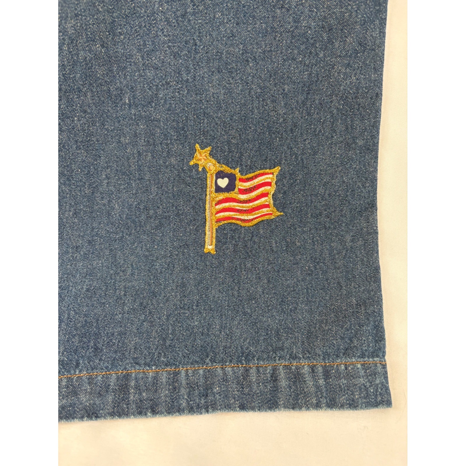 Vtg Basic Editions M Denim Jean Maxi Dress Blue Embroidered Flag Angel Patriotic