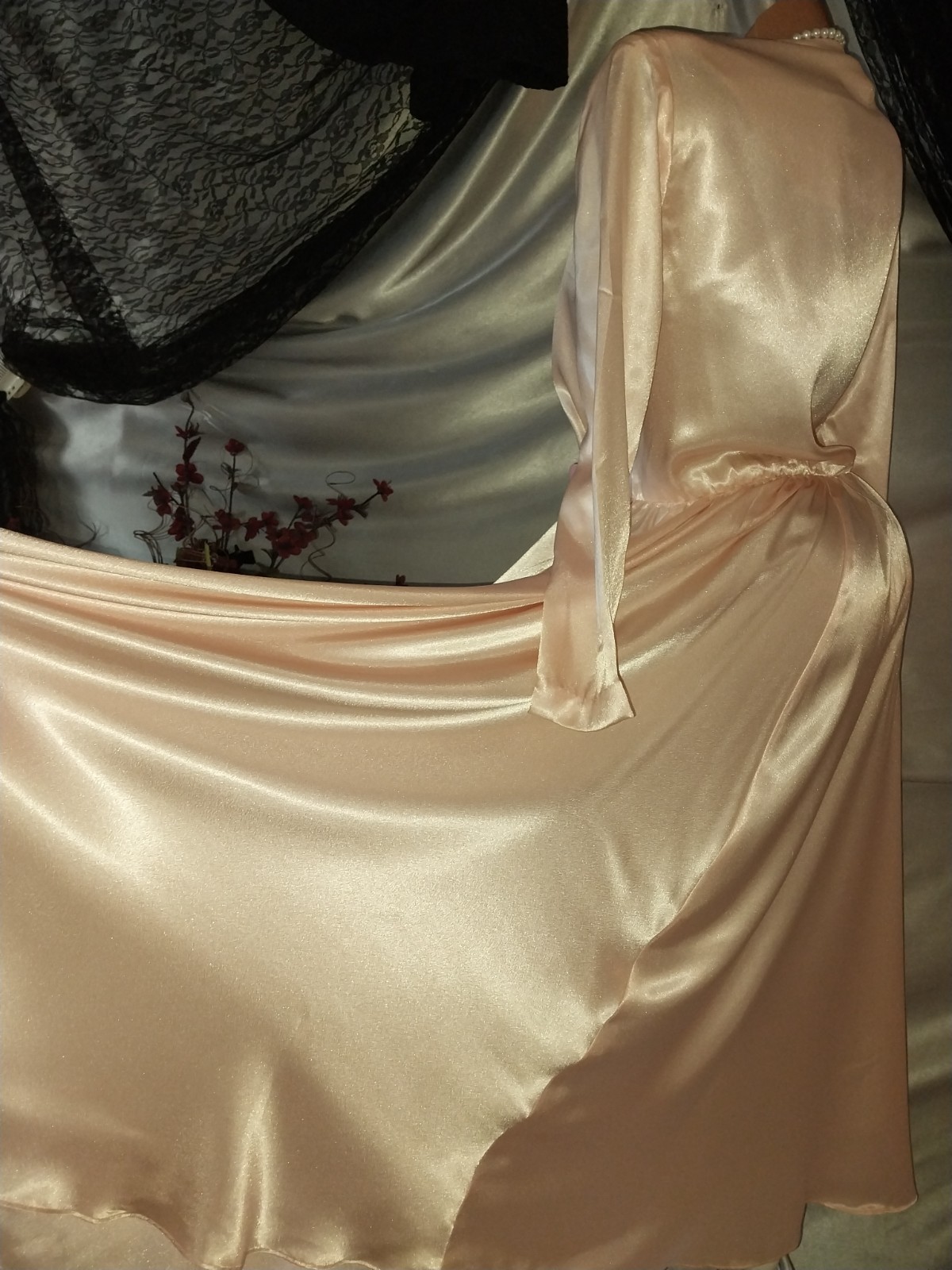 Vtg SATIN IMPORTED PEACH PINK COWL CASCADE 350&Prime; GRAND SWEEP FLARE MAXI DRESS L42