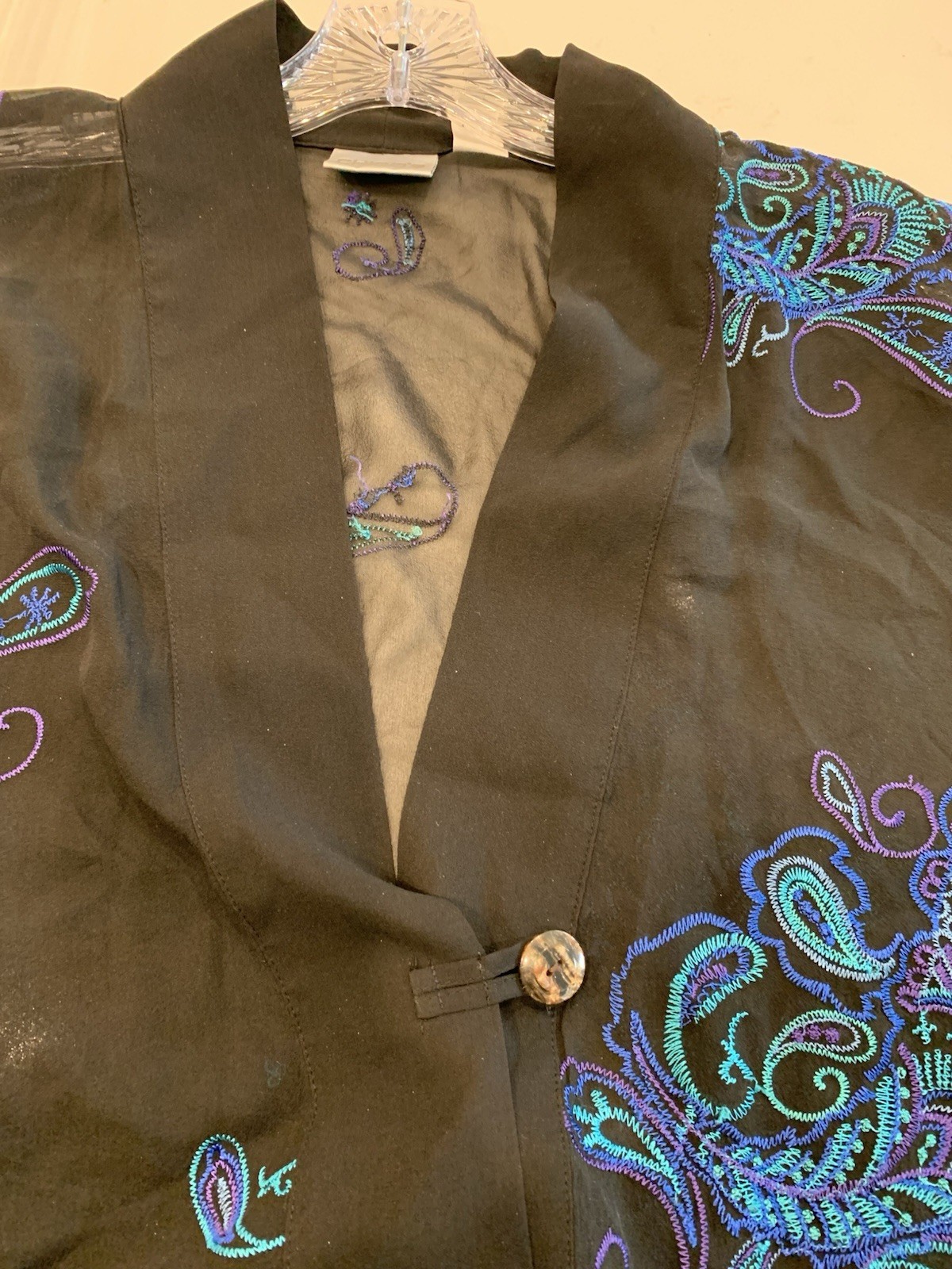 Vintage Chicos Silk Blouse ( Capelet) Embrodiered RARE Black/ Blues