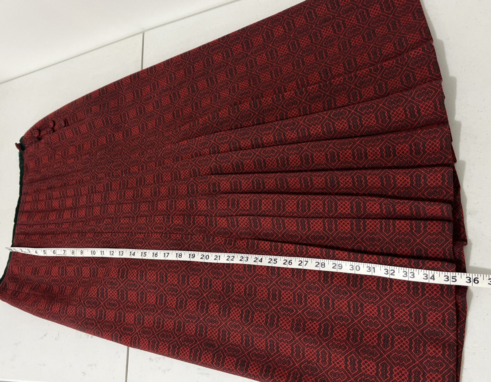 Vintage Cullinane Holiday Red Green Long Wool Pleated Skirt w/Velvet Trim Sz. 12