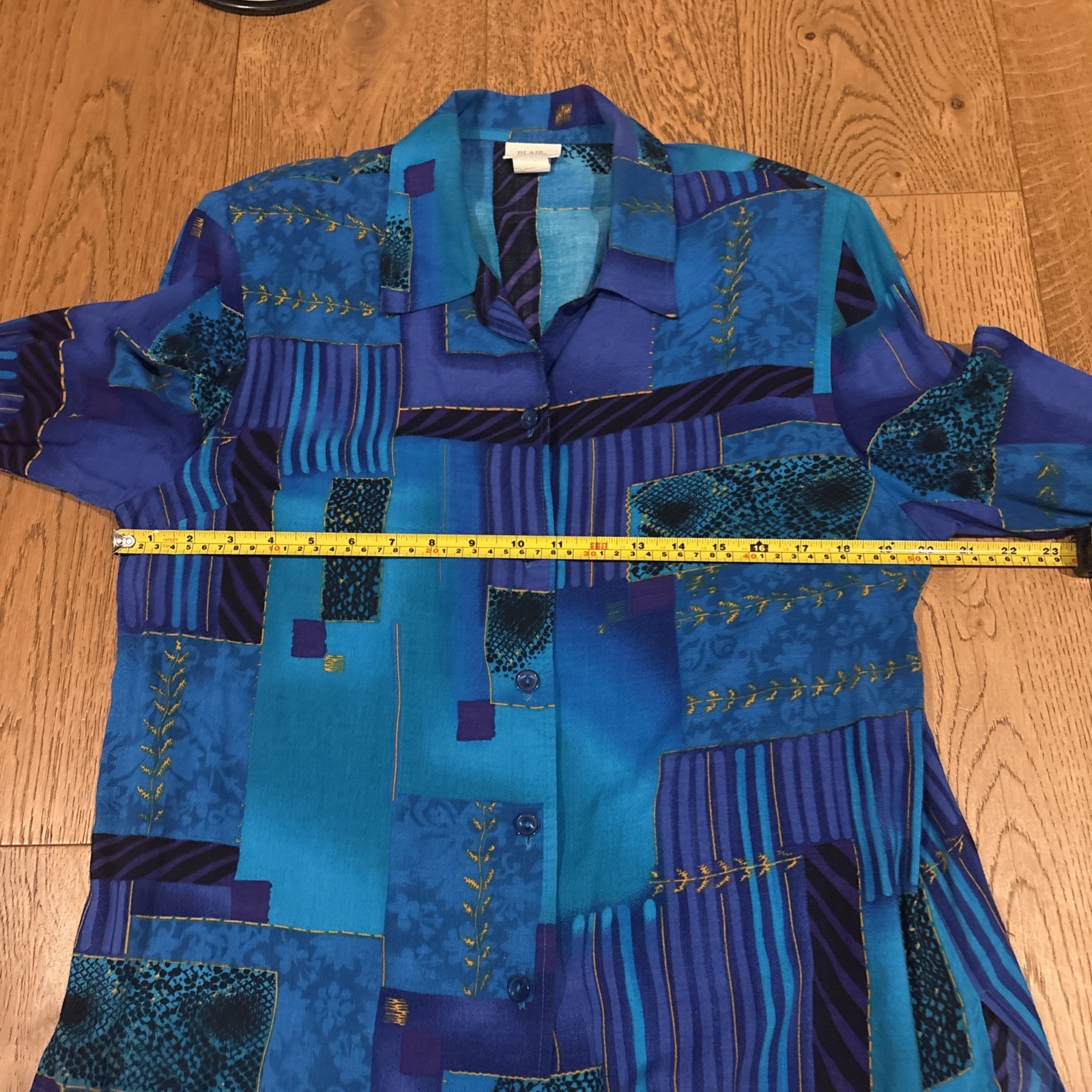 Vintage Blair Boutique Button Down Blouse 1980’s Blue Geometric Shoulder Pads A1