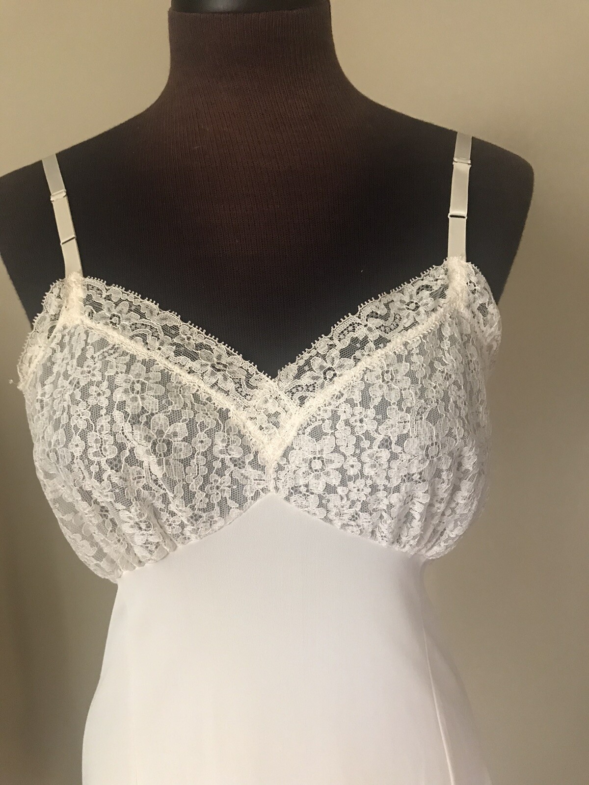 Vintage 1950s Silky Nylon And Lace Slip Dress Beige Cream Ivory Size 34