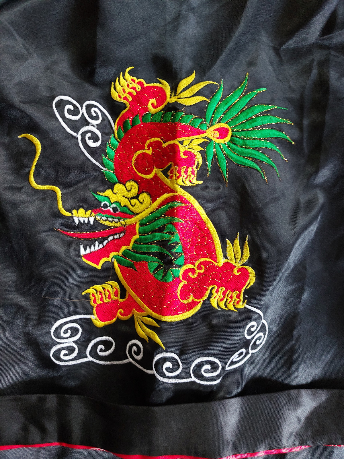 Oriental Black and Red Satin Reversible Dragon Embroidery Kimono Robe Siz XL