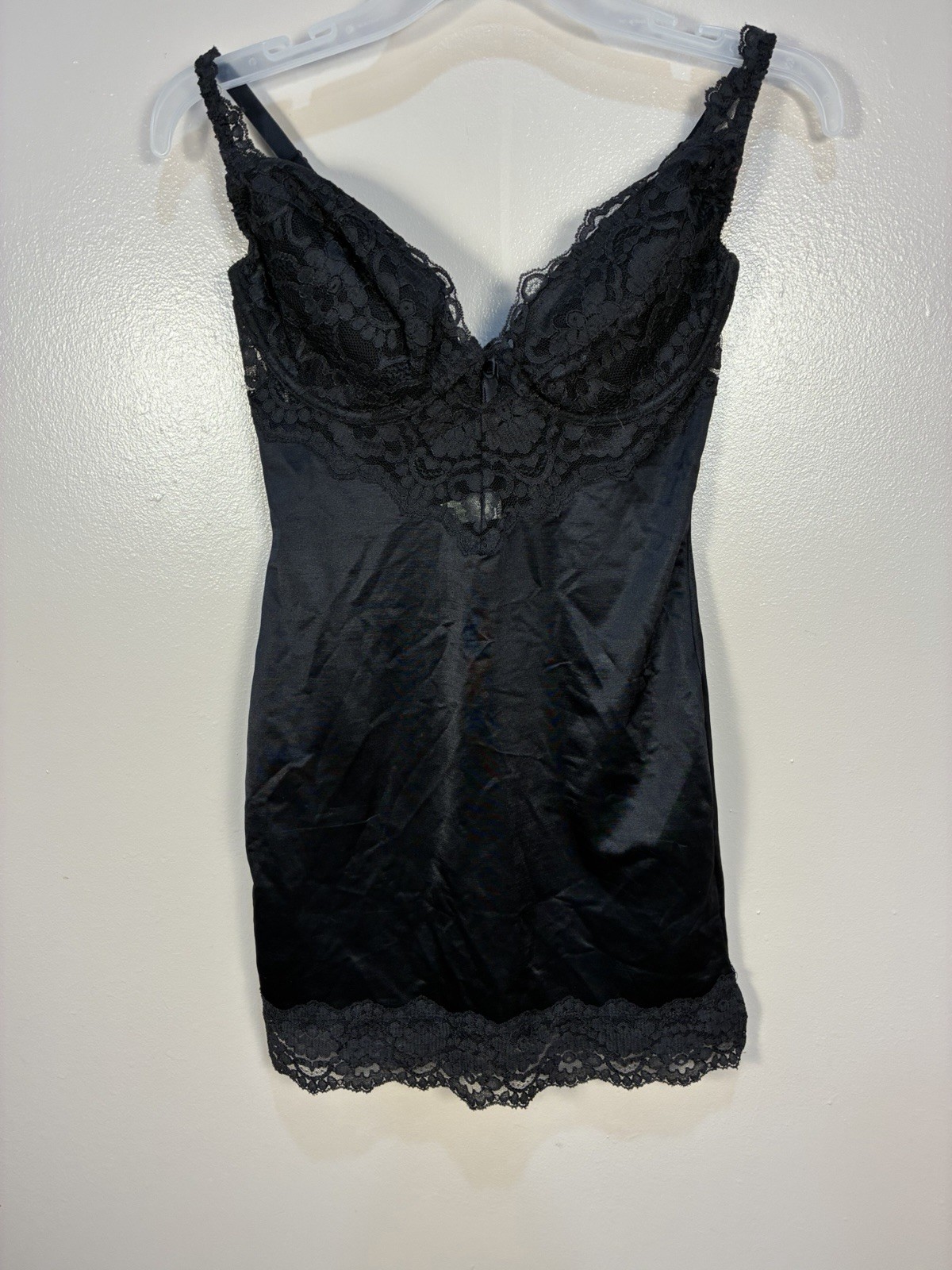 VTG 90s Victoria Secret Satin Lace Shaping Slip Black Hollywood Glamour 34 D