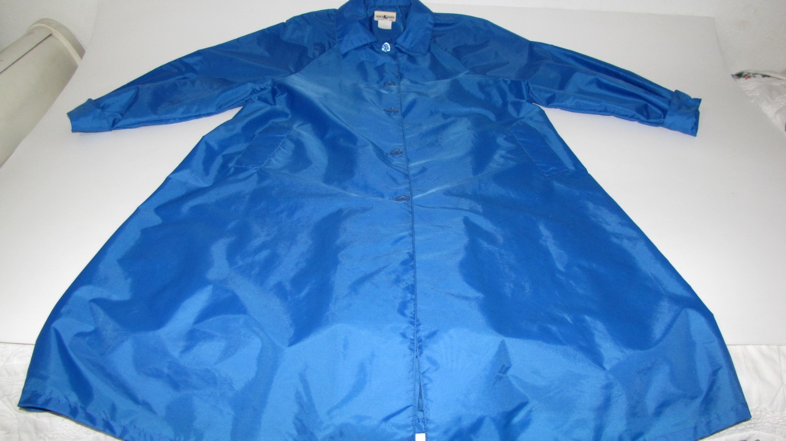 VTG Aqua Sheen Royal-Blue Button Raincoat Trenchcoat Packable Lightweight Wm S/M