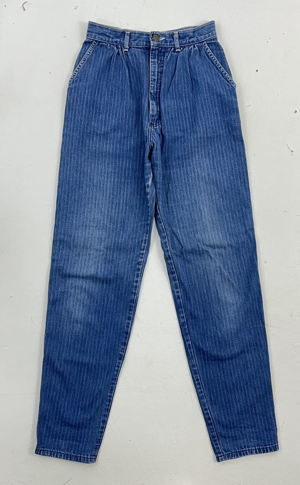 VTG Lee Pinstripe Mom Jeans High Rise Tapered USA 80s Pleat 25×32 Leather Patch