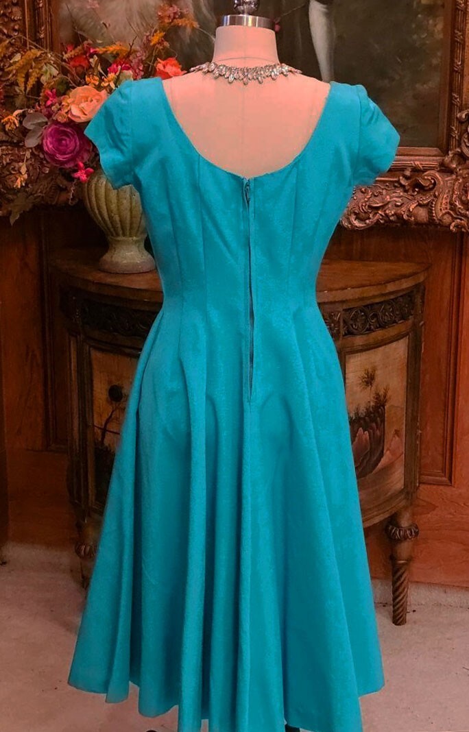 VINTAGE 1960s JERRY GILDEN SPECTATOR TURQUOISE FULL CIRCLE DRESS W METAL ZIPPER