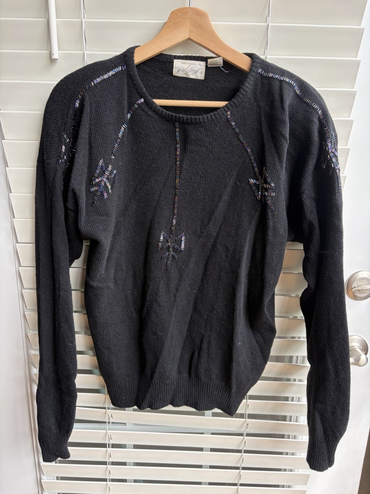 Lord & Taylor Vintage 100% Lambswool Black Beaded Sweater Regular Fit Size M