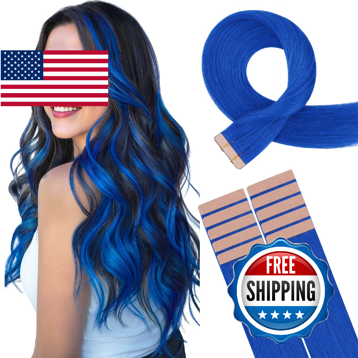HOTBANANA Tape in Hair Extensions 22 Inch 10pcs 30g Blue Remy Human Hair Straigh