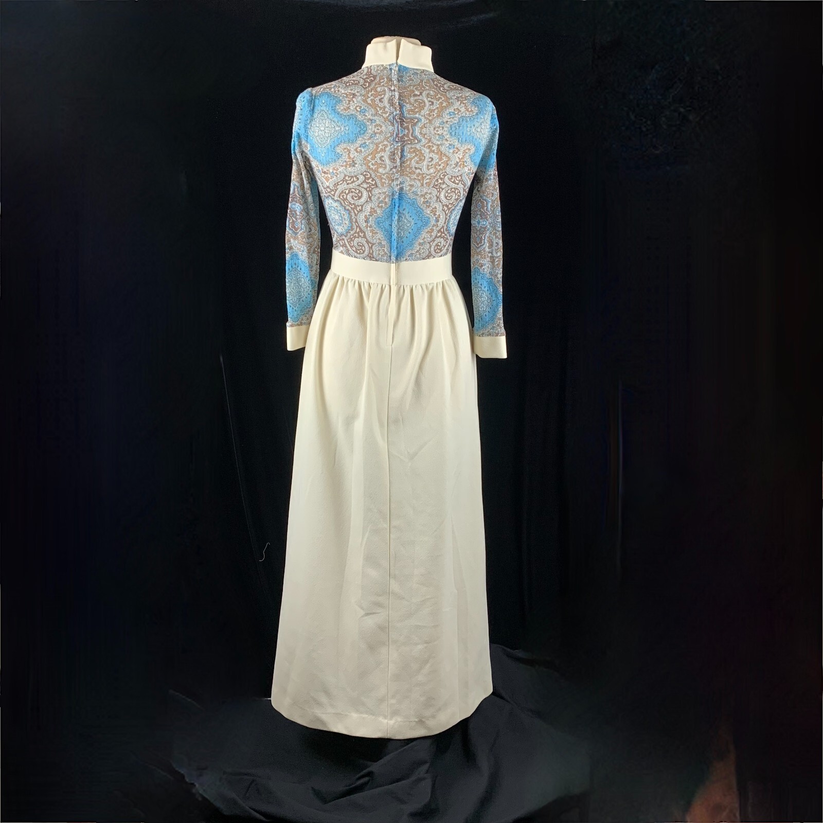 Sears 1970s Poly Double Knit Maxi Dress S Blue Lace Gathered Skirt Excellent