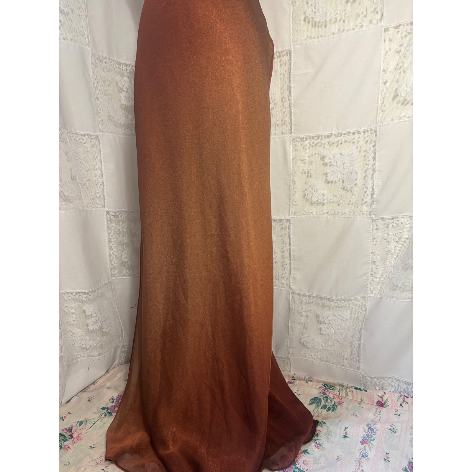 VTG Brown Copper Ombre Plunge Neck Halter Beaded Floor Length Gown Size XS