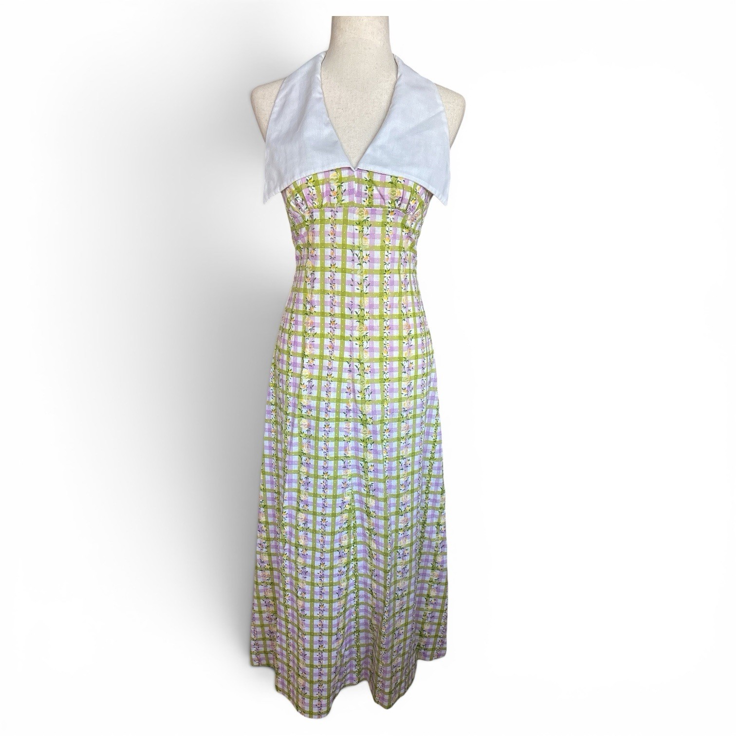 Late 60’s/70’s Gingham Sailor Halter Neck Maxi Floral Dress Handmade Vintage XS