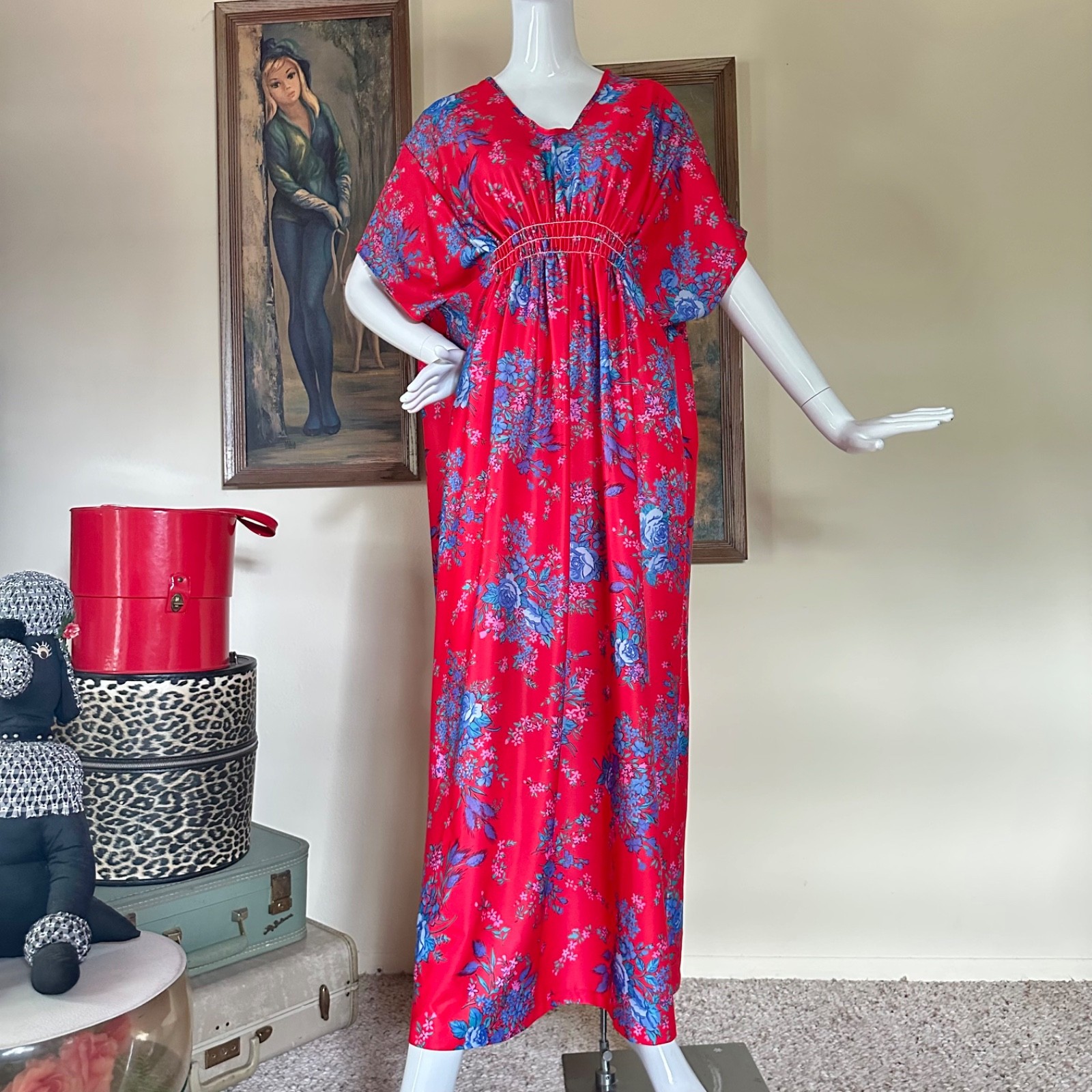 Vintage 1970s Mrs Roper Caftan Goddess Dress Red & Blue Hawaiian Floral M/L