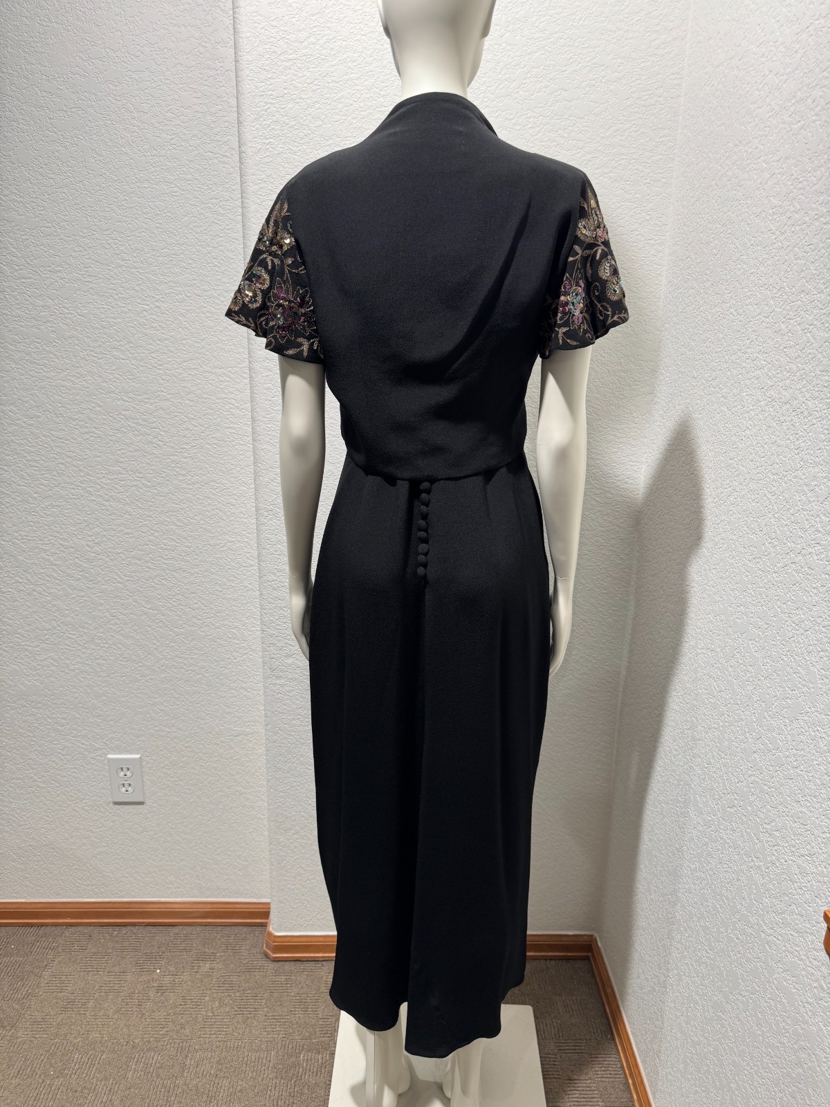 Eisenberg Maxi Dress Jacket Sequin Embroidered Rayon 2PC Formal Black 1940s Sz S