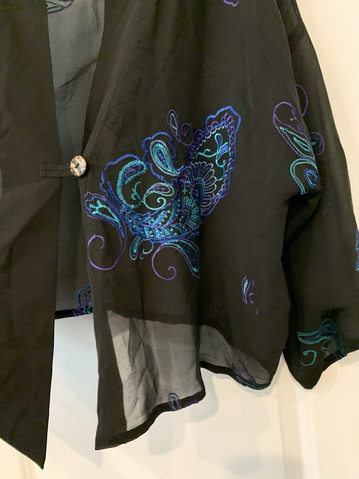 Vintage Chicos Silk Blouse ( Capelet) Embrodiered RARE Black/ Blues