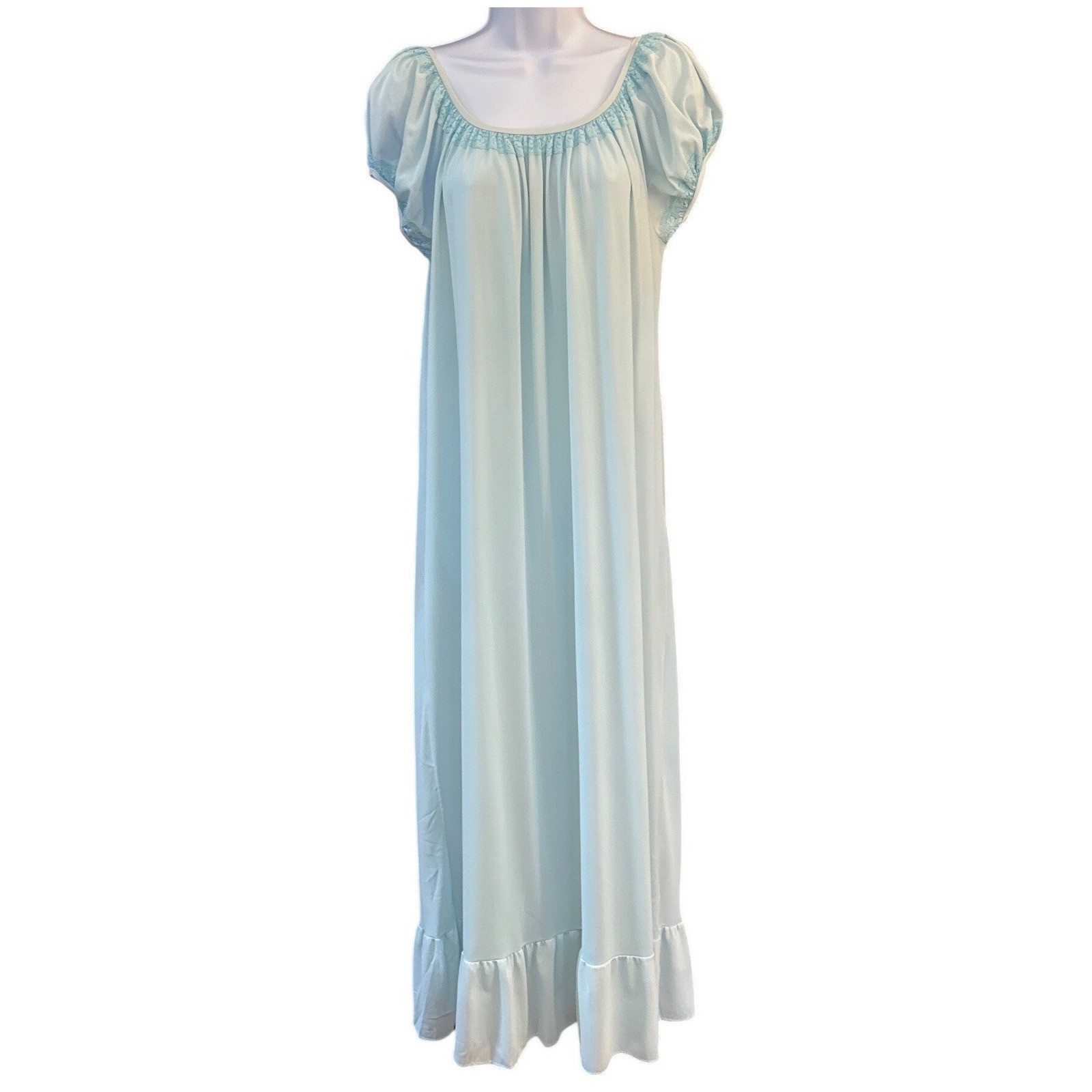 Vintage Nightgown Coquette Cottagecore Light Blue Lace Trim Maxi Dress