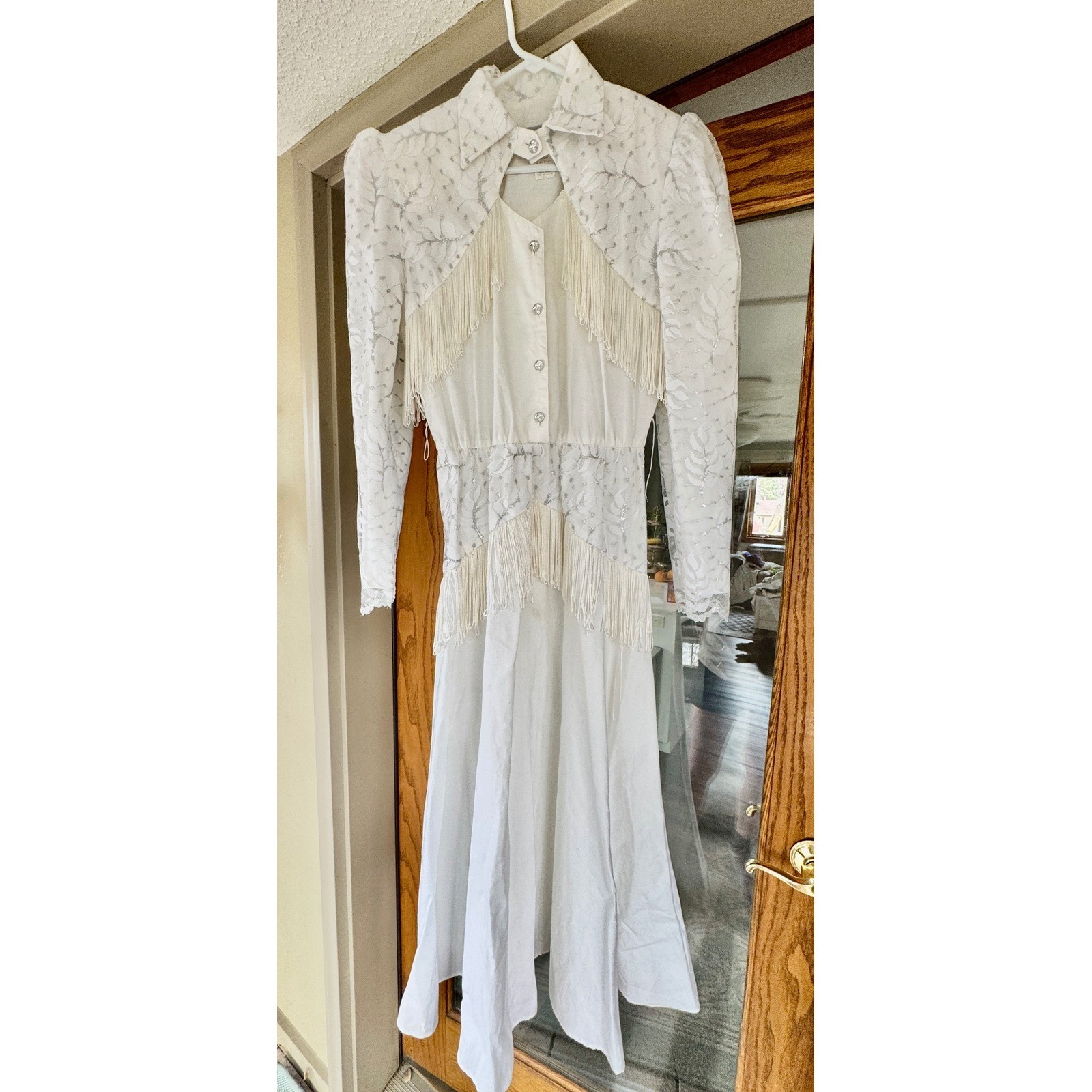 VINTAGE 80s Lilia Smitty Rodeo Fringe Dress White Ivory Western Size 5 – 6