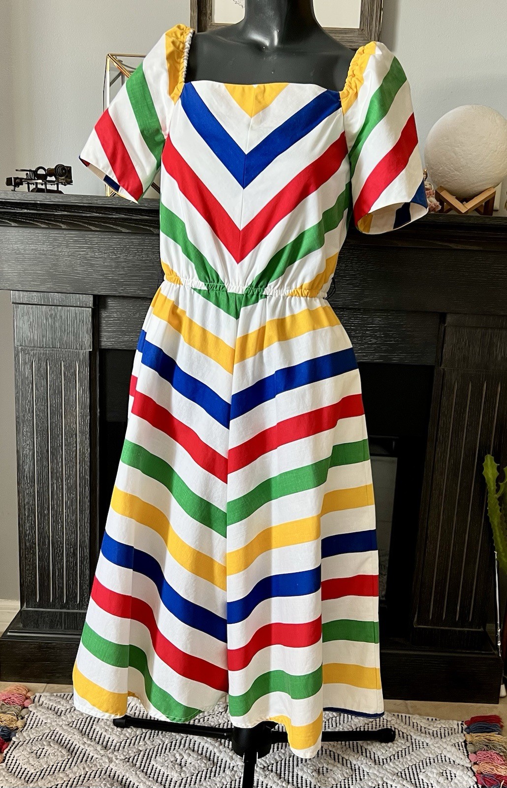 Vintage 80s Raul Blanco Rainbow Striped Chevron Dress M