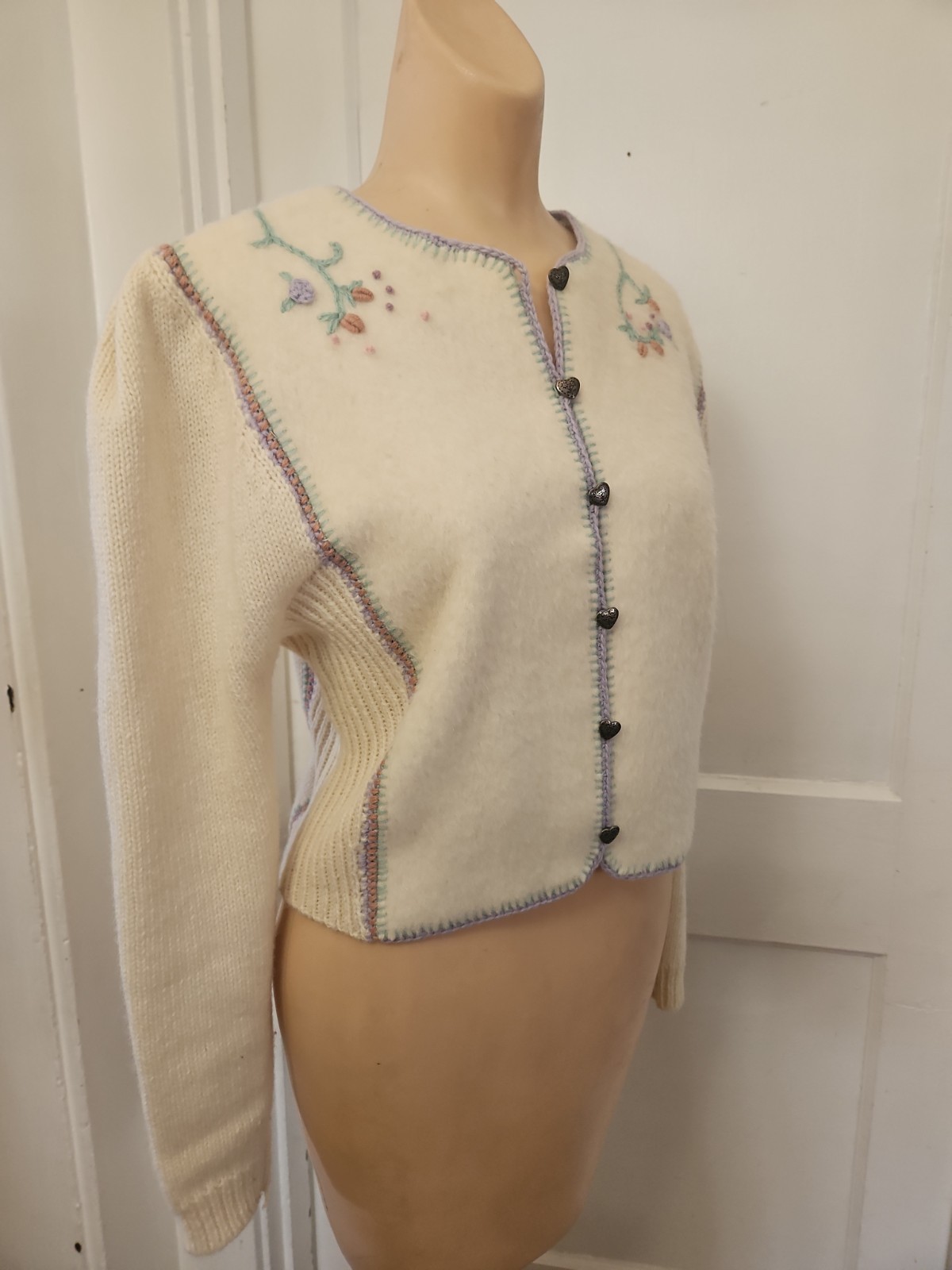 Vtg 1986 Susan Bristol Cottagecore Cardigan Sweater Shetland Wool Prairie