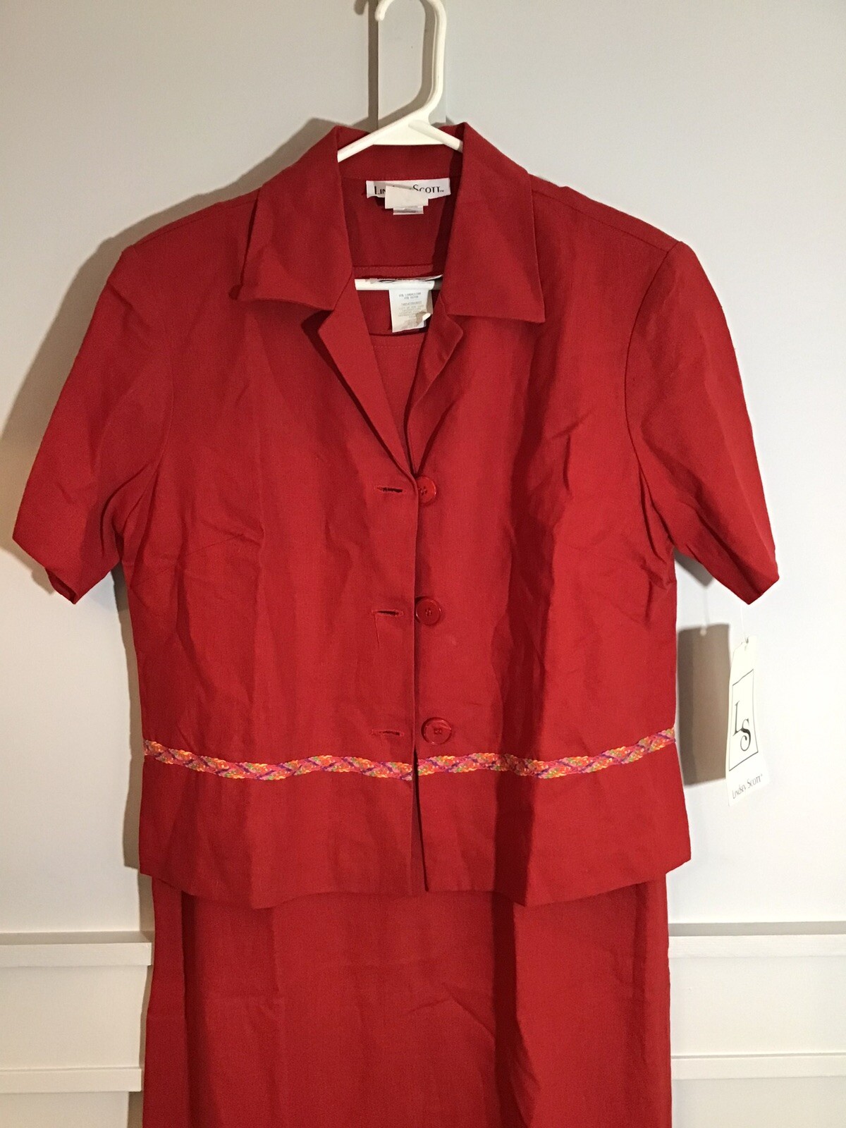 NWT Vintage MEDIUM TALL Red Linen Rayon Sheath Dress and Jacket
