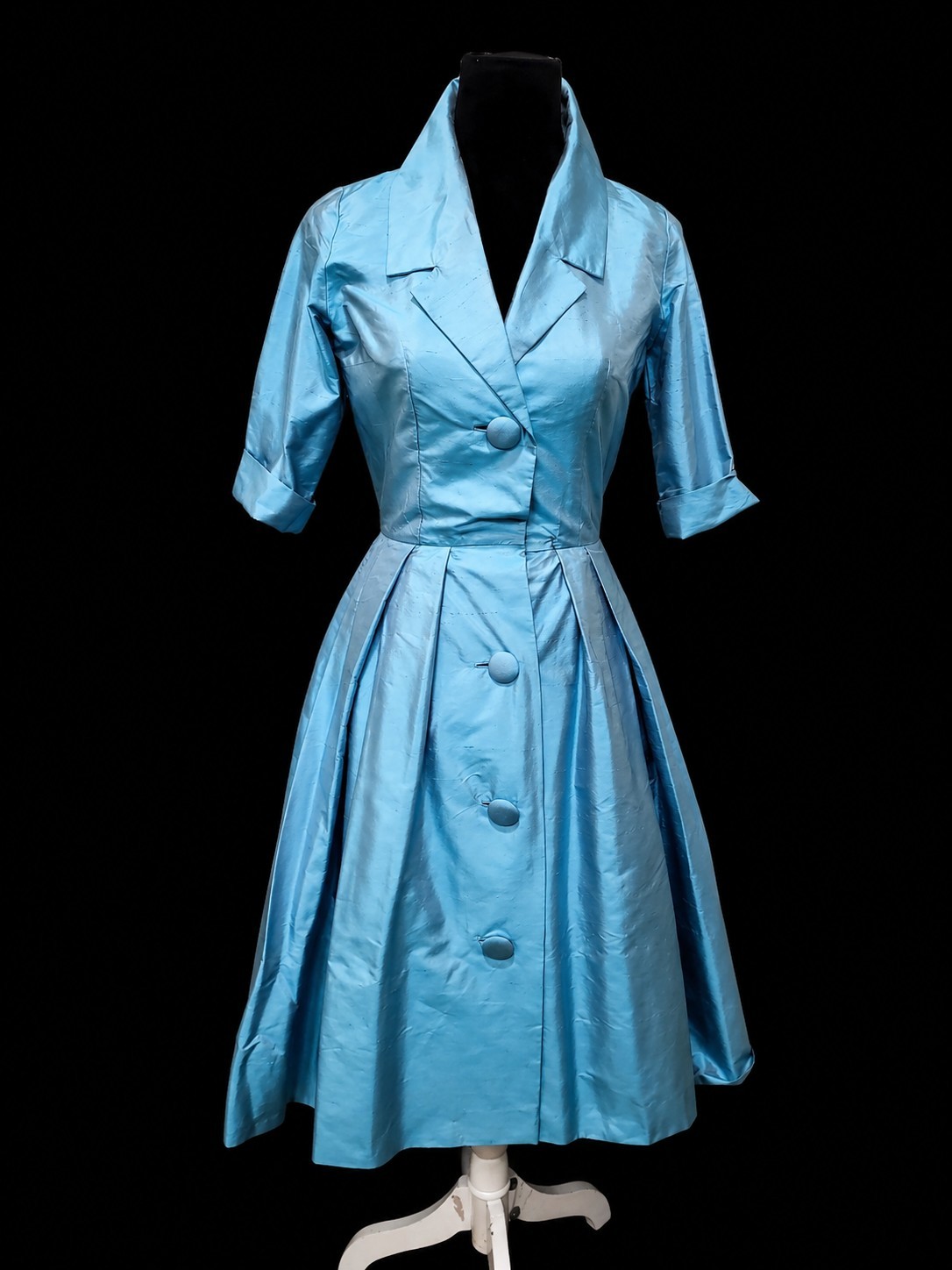 Rare VTG 50s Marie Leavell Aqua Blue Silk Shirt Dress Mid Century Boutique/Pleat