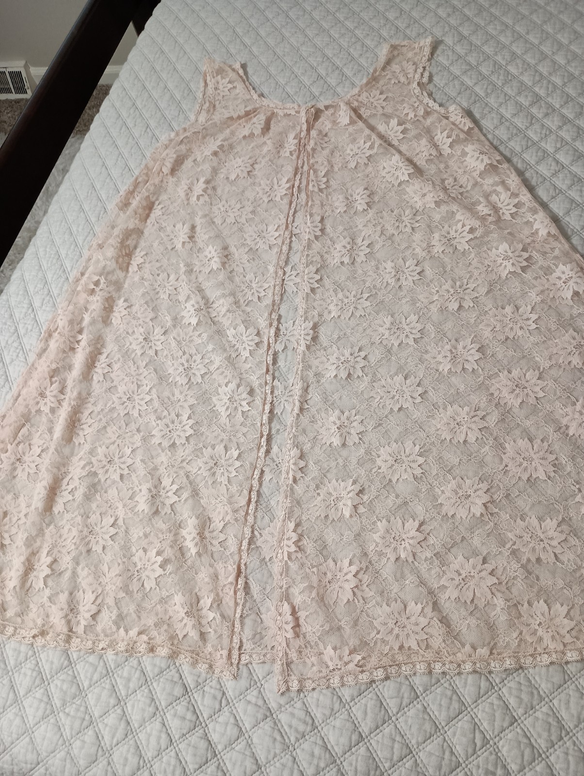 Blanche Vtg Beige Sz L Nylon Solid Lace Negligee Sleeveless Robe Kimino