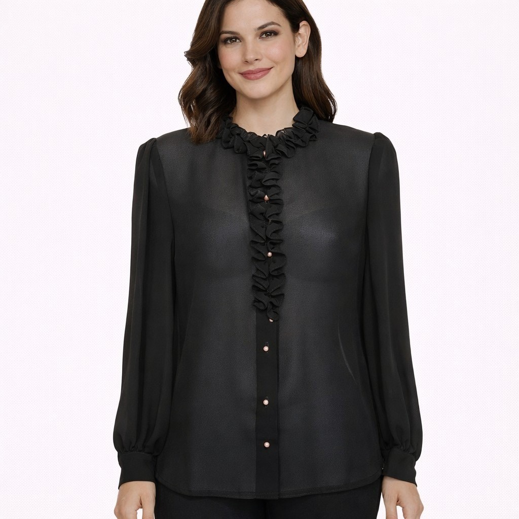 Vtg 70s JAMBOREE Size Small Couture Sheer Black Pearl Button Ruffle Neck Blouse