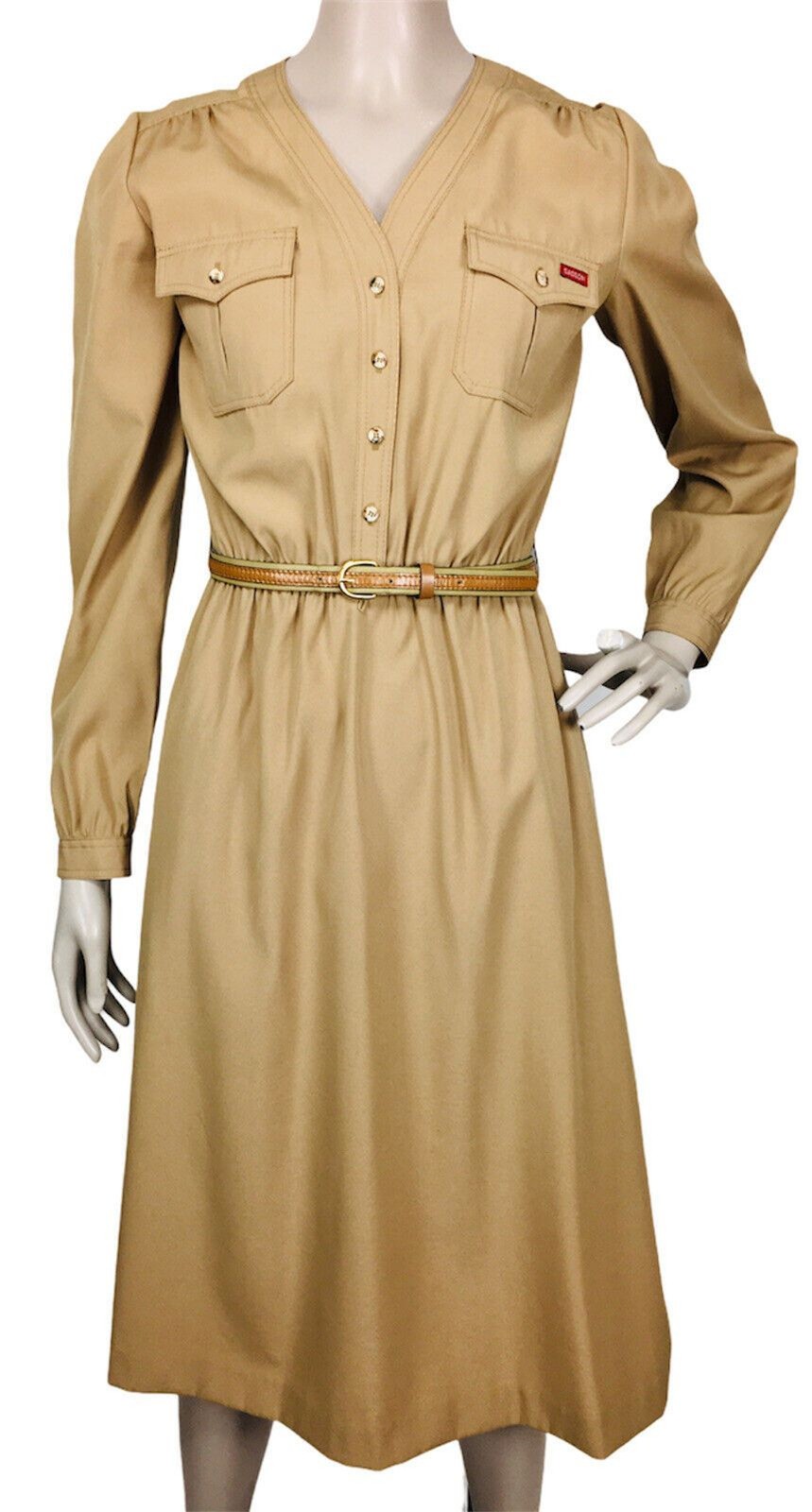 VTG 70&rsquo;s SASSON Tan Belted Button-Front Rockabilly Western Cowgirl Dress S/M