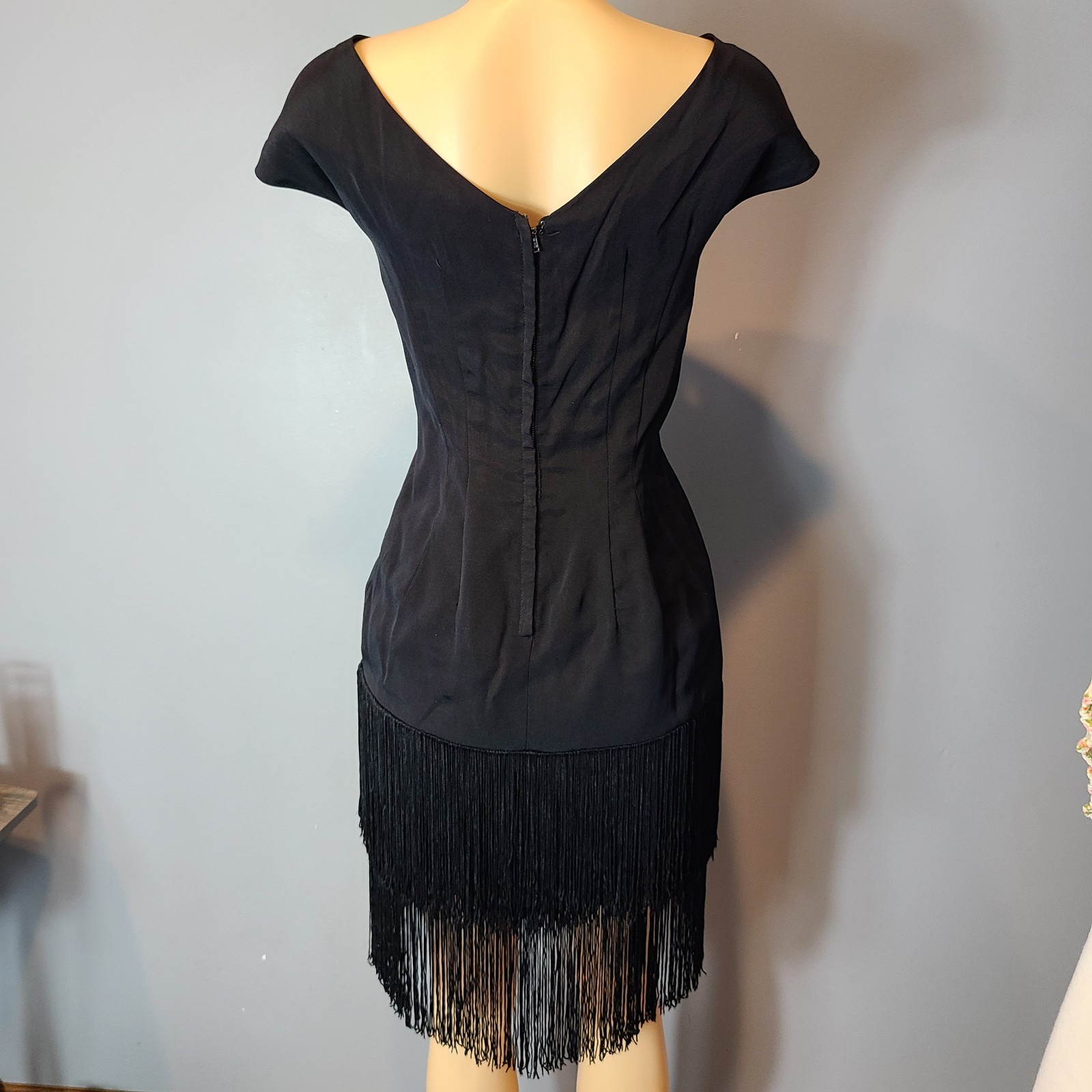 Vtg Black Sequin Flapper Dress Art Deco Gatsby Fringe Cocktail Party Sz Small