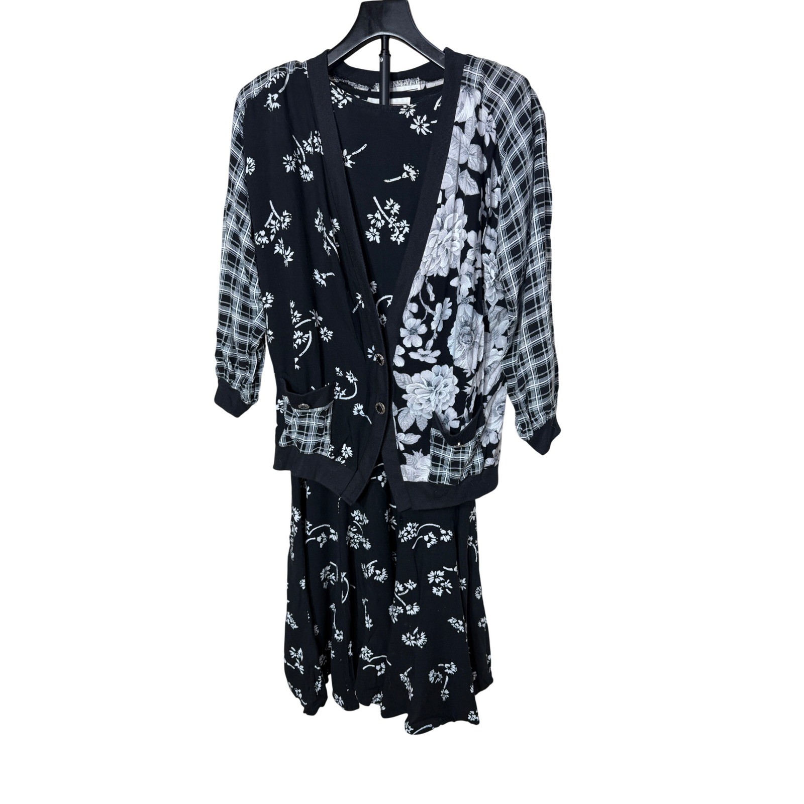 Peter Popovitch Vintage 90s 3 Piece Set Floral Plaid Black White Skirt Suit M