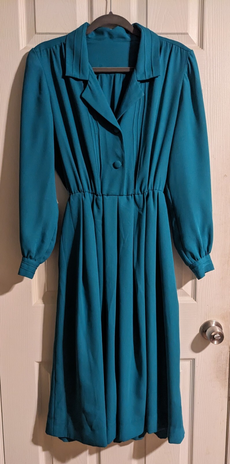 Vintage Long Sleeve Dress S Teal Green Collared Pleated Retro