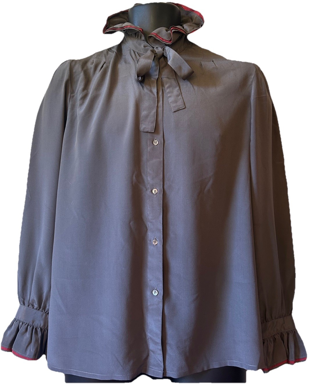 VTG 80’s Royal Silk Gray Red Ruffled Button Front Blouse 10 Neck Tie Unique