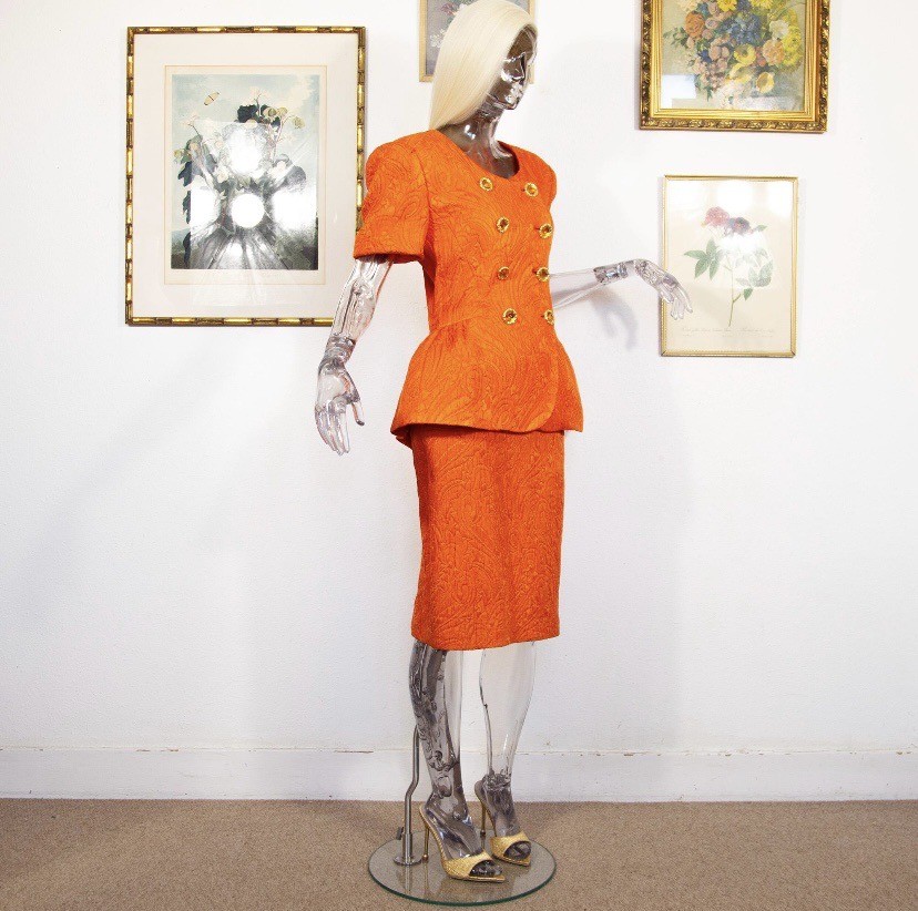 Vintage 1980s Escada Orange Wool Silk Skirt Suit Gold Button Size M UK 12
