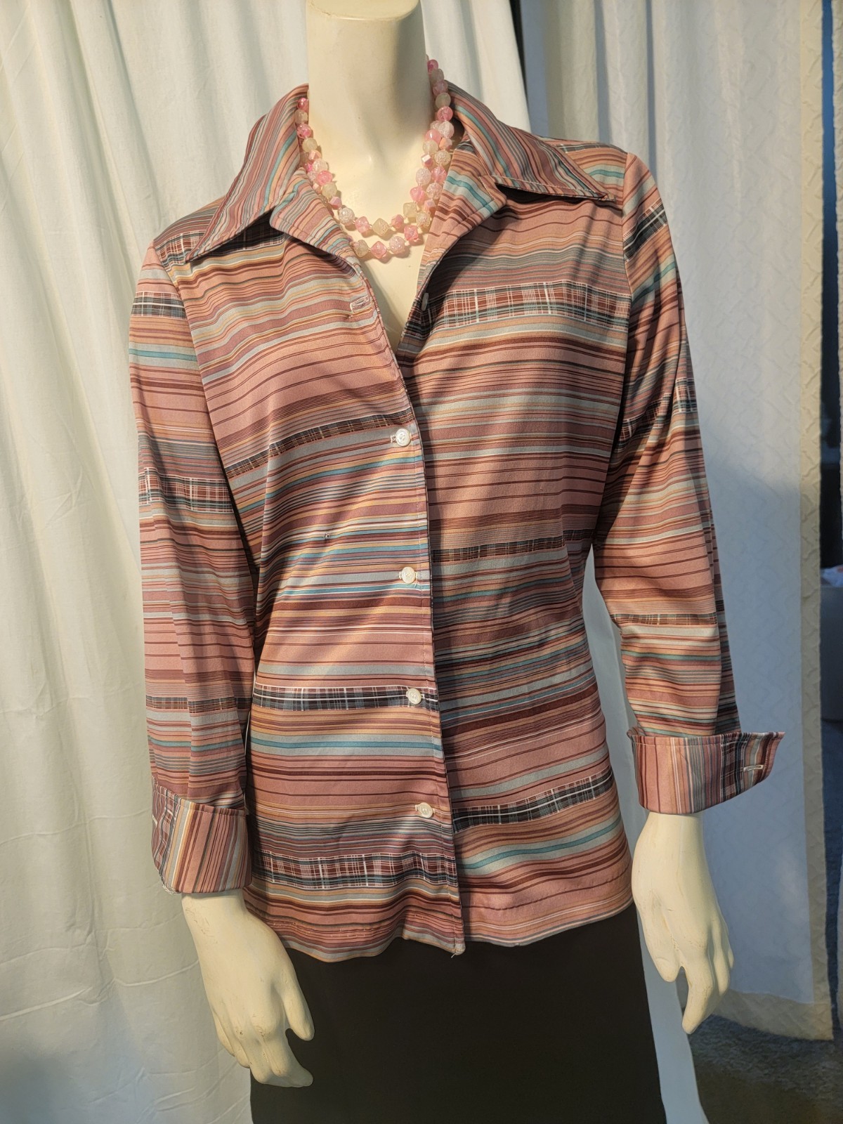 Vtg Y2K BOHO HIPPIE Stockton Womens Blouse Geometric Striped Pointed Collar M/L