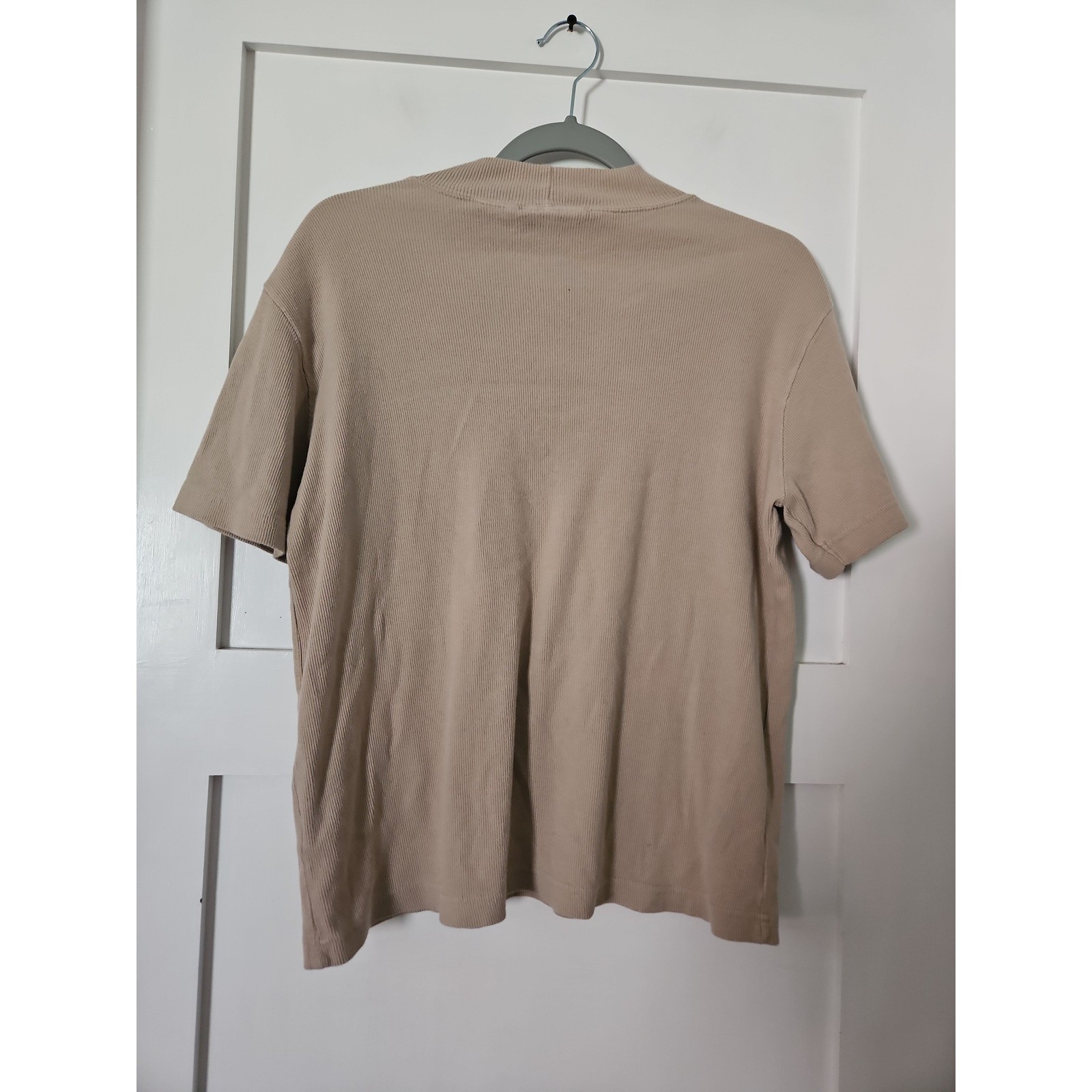 Vintage 90s Basic Editions Ribbed Mock Neck Short Sleeve Top L Tan