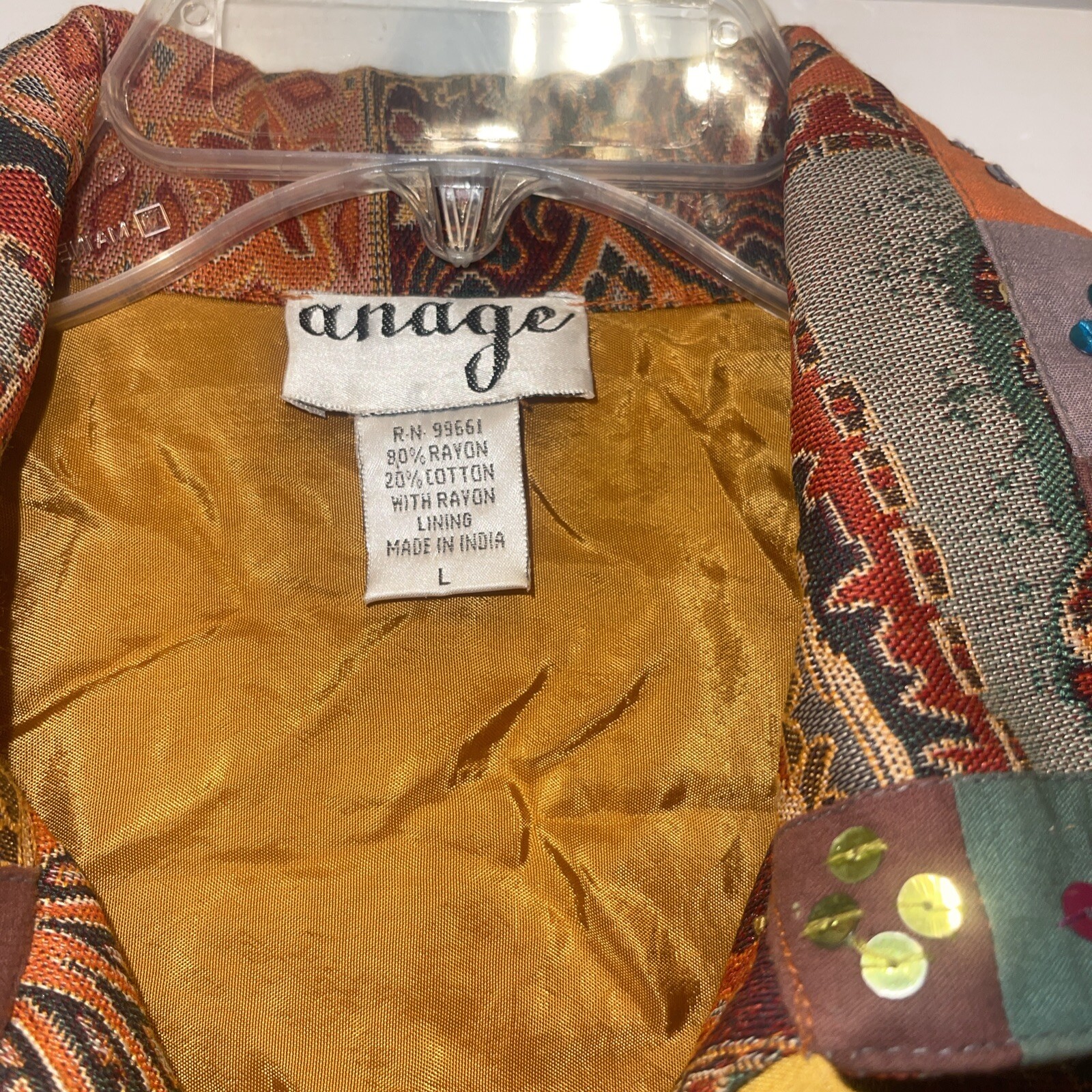 Anage Art To Wear Silk Applique Jacket L Sequined Paisley Boho Festival Vtg