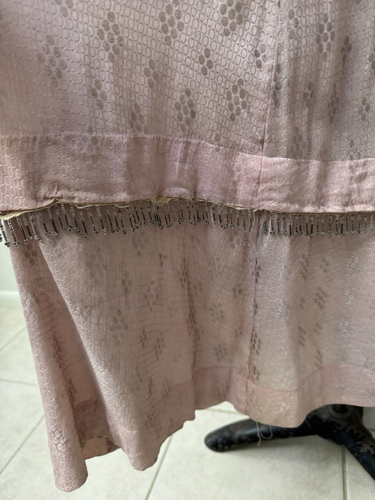 Vintage 1920s Pink Silk Jacquard Flapper Dress Soutache Bugle Bead Fringe Deco