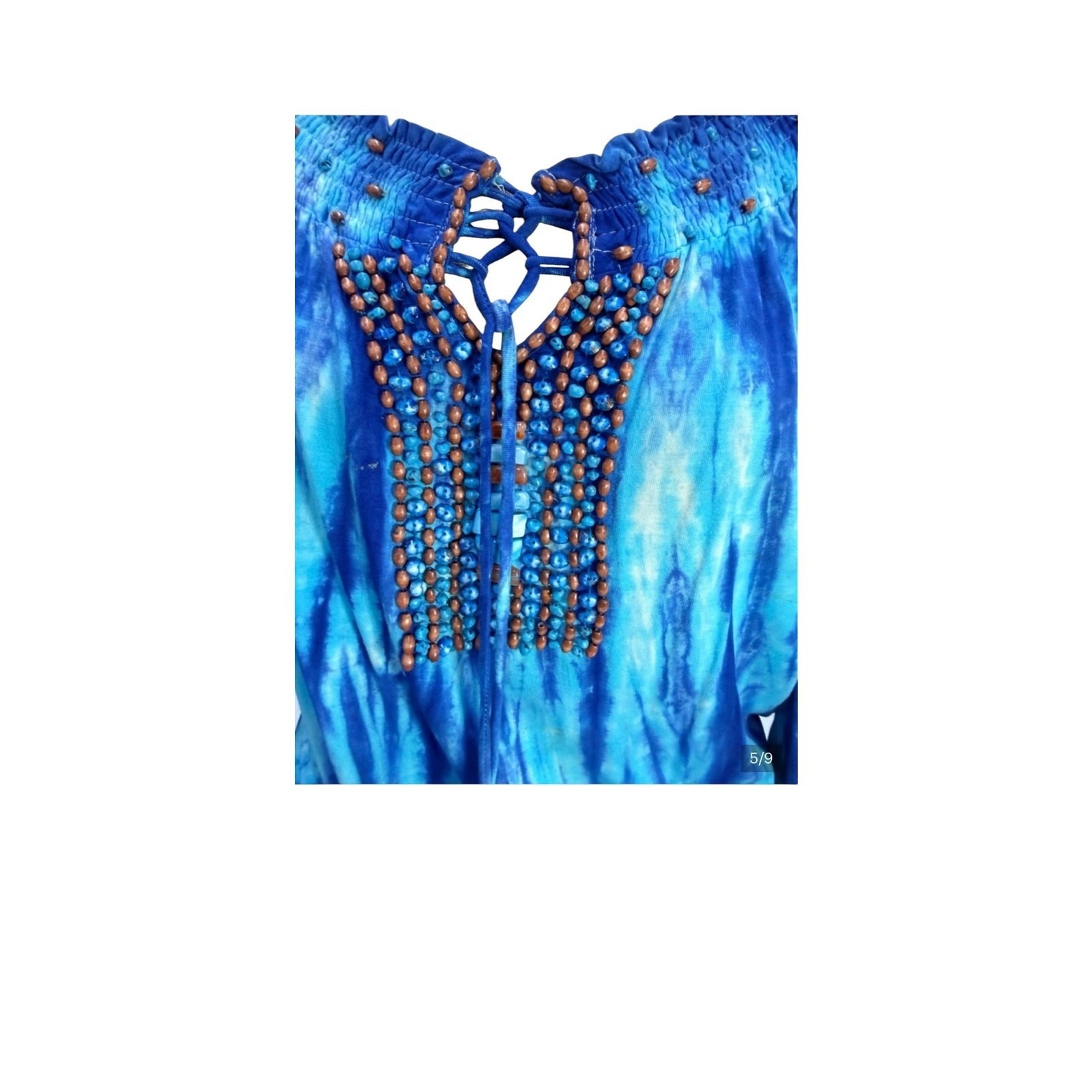 VTG Faith Indigo Tie Dye Beaded Boho Mini Dress Crochet Hem Festival S