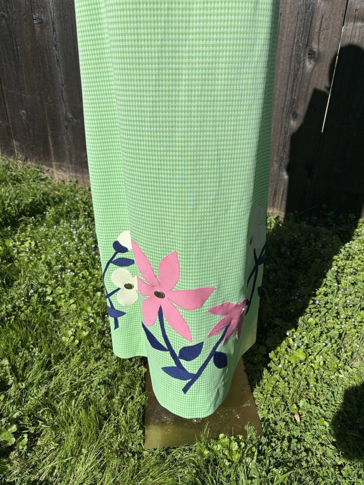 Vtg 70’s Handmade Poly Blend Volup Maxi Dress Green Checkered Floral Applique