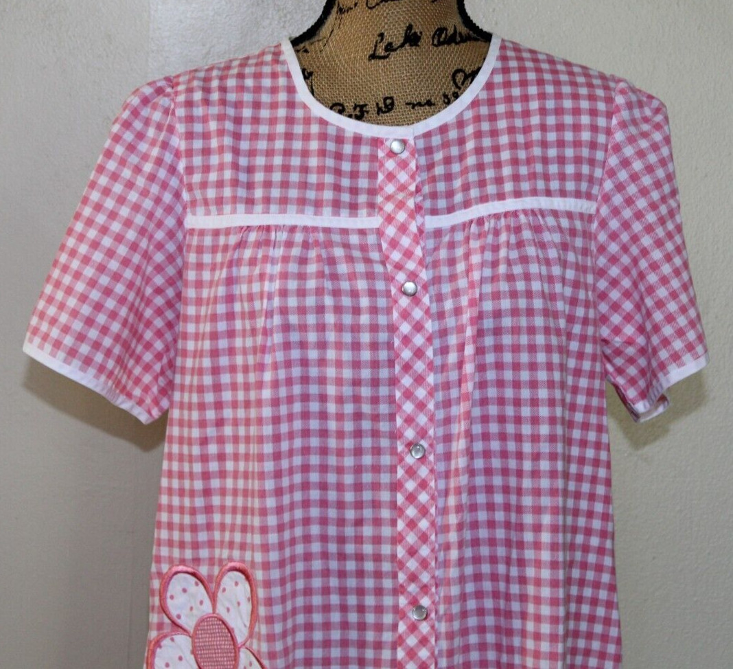 Vintage Pink/White Cotton Gingham Plaid Pearl Snap Flower House Dress Women&rsquo;s M