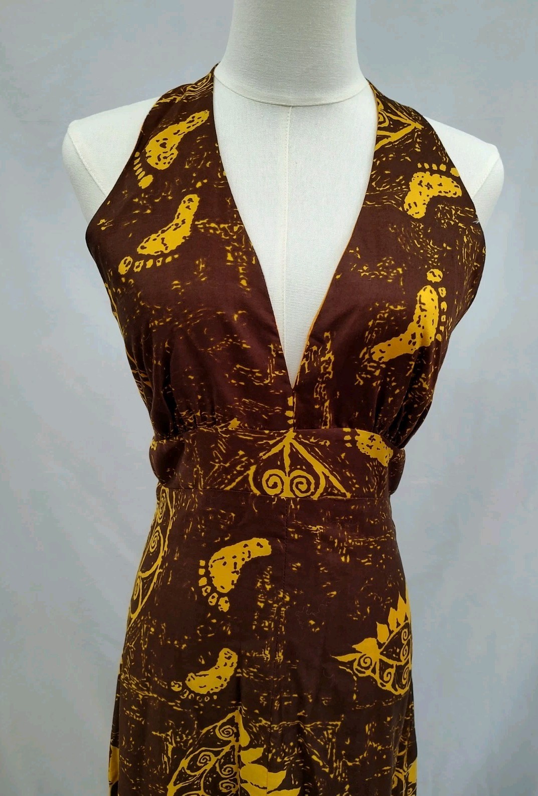 70&rsquo;s Vintage Hawaiian Dress Maxi Halter Tiki Barefoot Beach Print Brown Sz XS/S