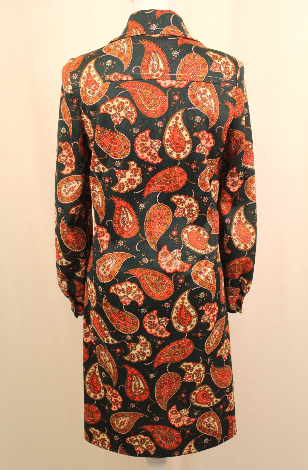 VTG Women&rsquo;s 60s 70s Forest Green & Orange Paisley Shirt Dress S/M 1960s 1970s