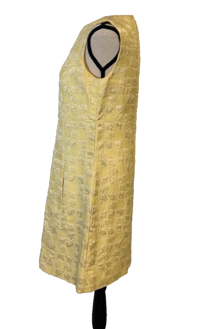 Vintage MOD 60&rsquo;S Lemon YELLOW Geometric JACQUARD MINI COCKTAIL DRESS Pockets S/M