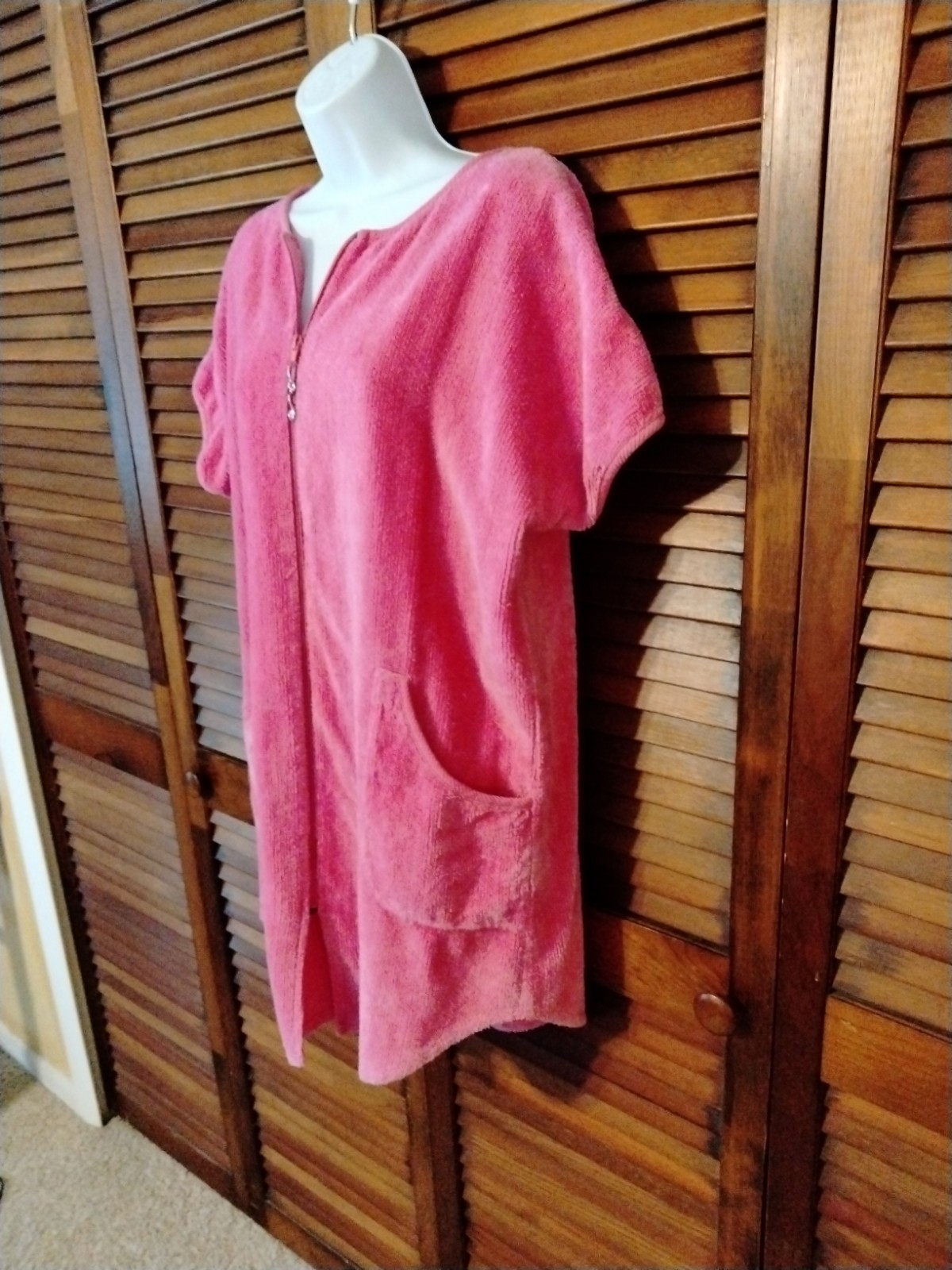 Stan Herman Pink Chenille Zip Front Robe Short With Pockets Size M/L