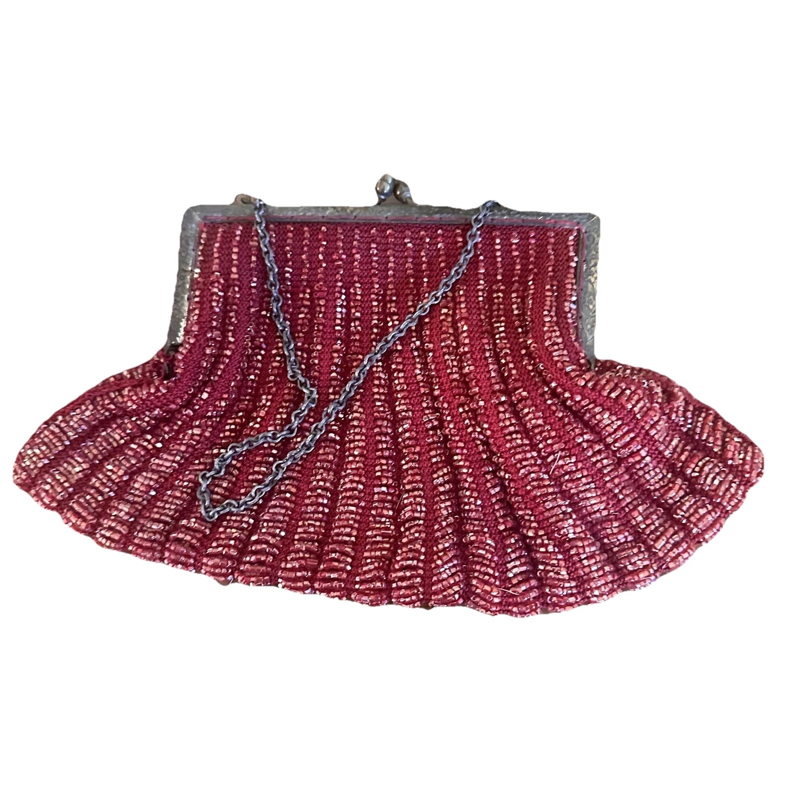 1920s 30s Art Deco Beaded Evening Clutch Flapper Red Scalloped Purse Frame