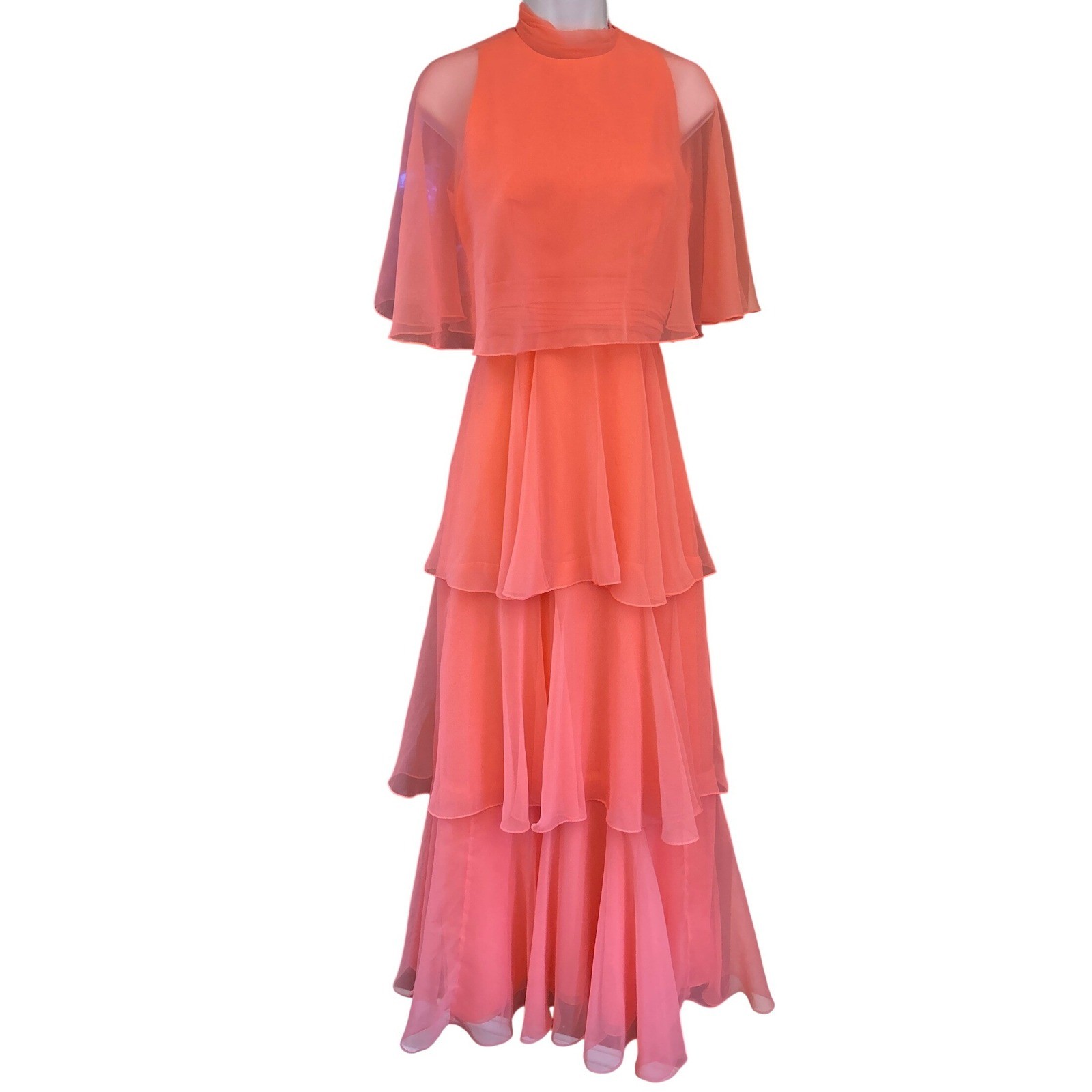 Vintage Miss Elliott Dress Coral Chiffon Tiered Capelet 70s Retro Romantic Gown