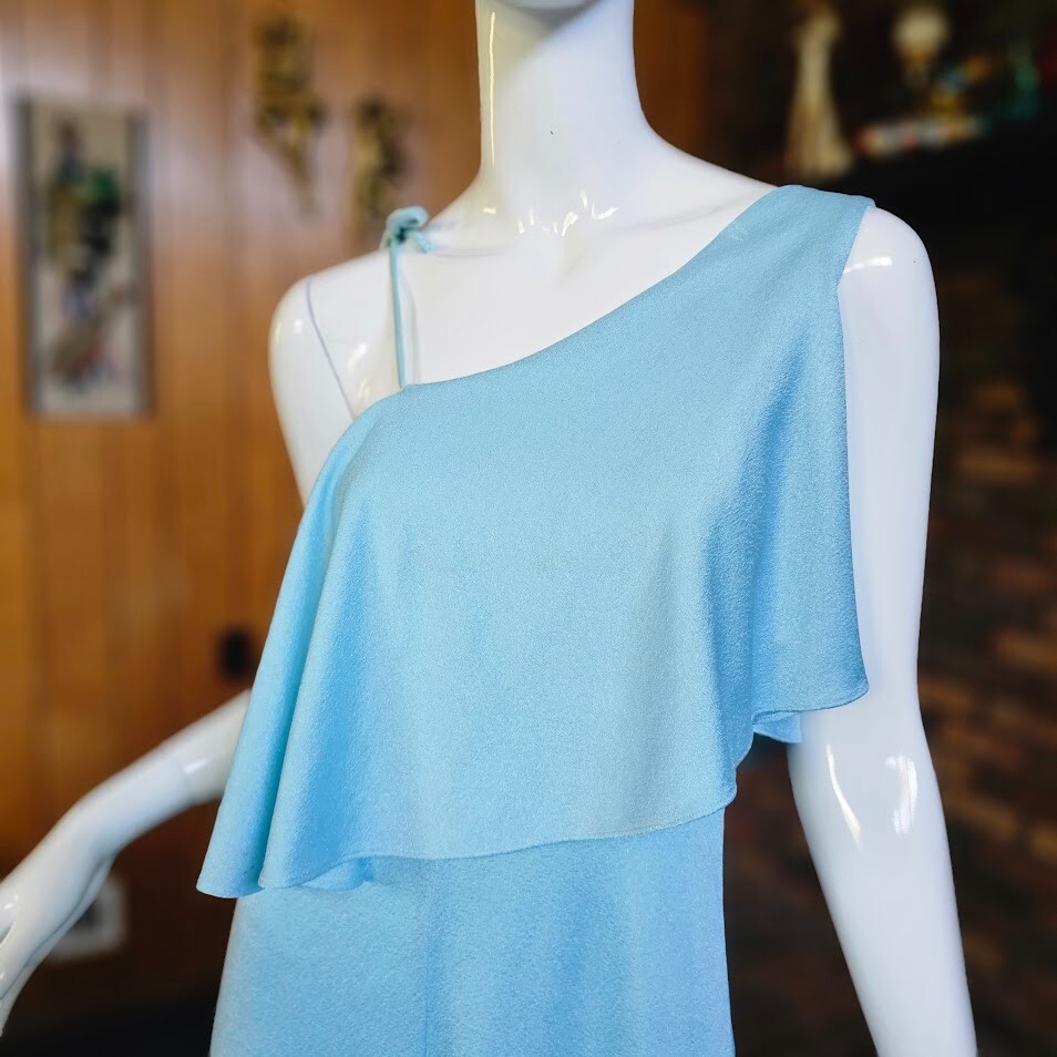 Vtg 70s Disco Cold Shoulder Soul Train Liquid Jersey Maxi Evening Dress Gown S/M