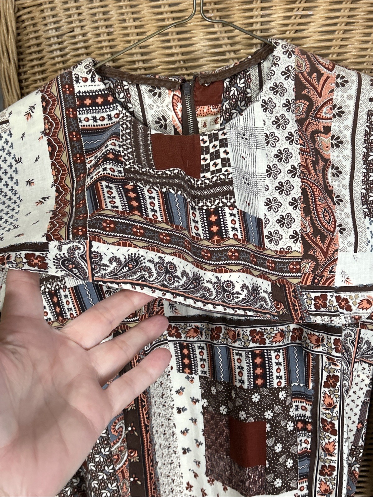 Vintage Patchwork Dress Prairie Removable Collar Homemade Brown Beige Blue