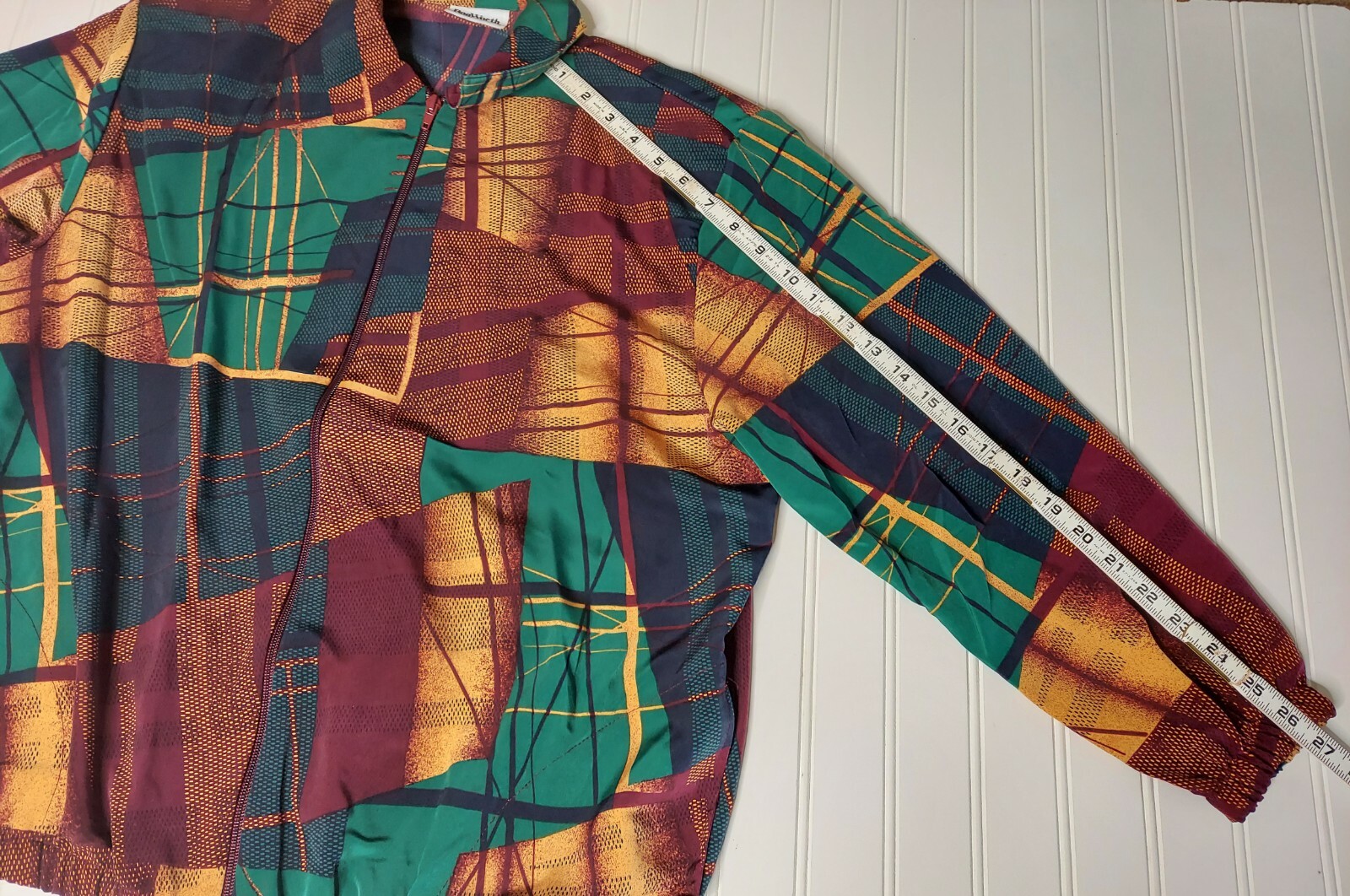 Vtg Bonworth Silky Bomber Jacket Geometric Print Multicolor Zip-Up Sz: Med/LG?